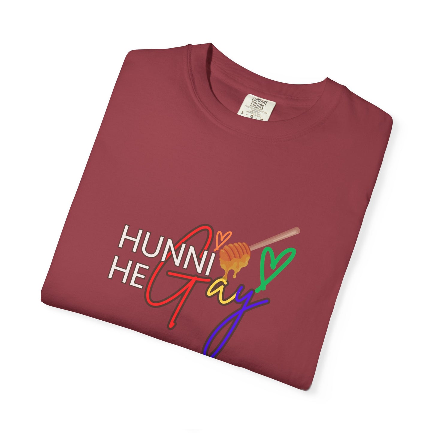 - Rich wine-colored LGBTQ+ t-shirt with “Hunni He Gay” printed across the chest—perfect for Pride celebrations.