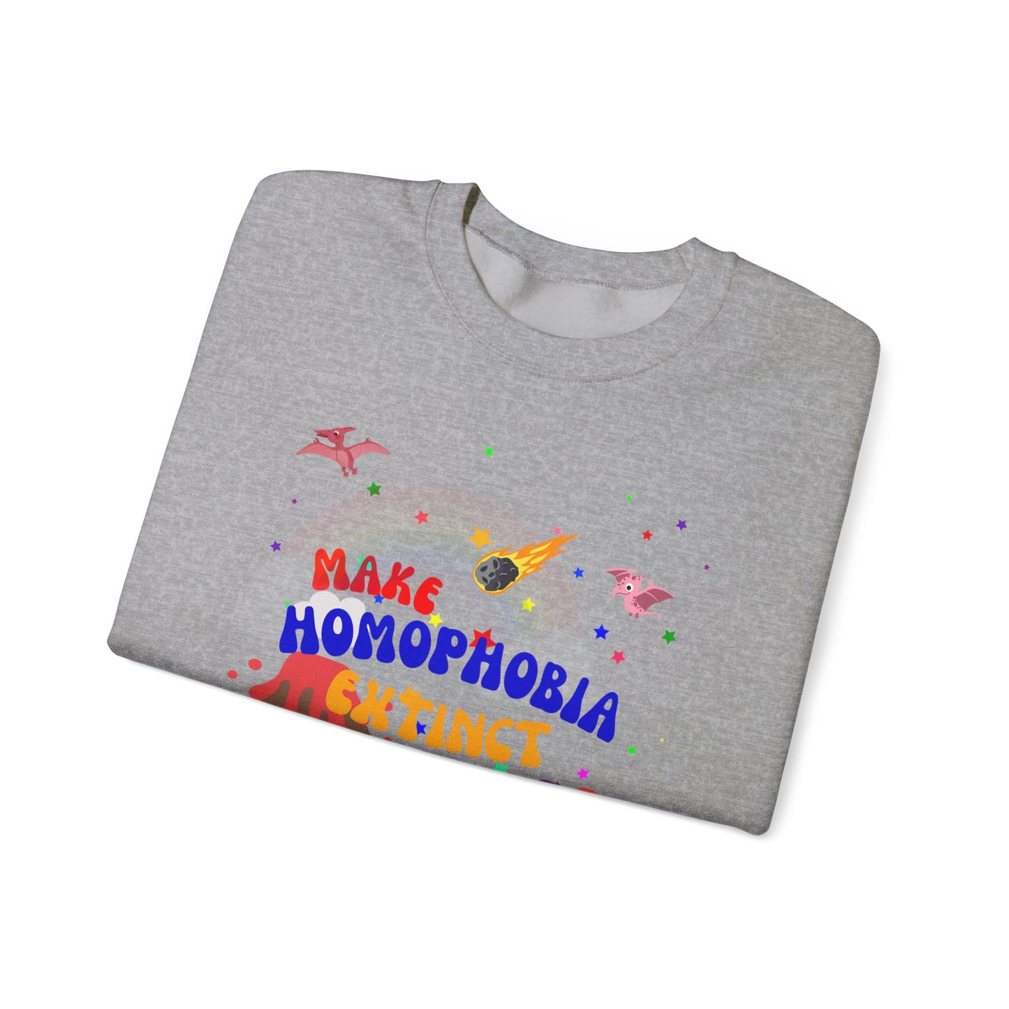 - Classic light gray LGBTQ+ crewneck sweatshirt showcasing dinosaurs and “Make Homophobia Extinct” message—perfect for spreading love and inclusivity.