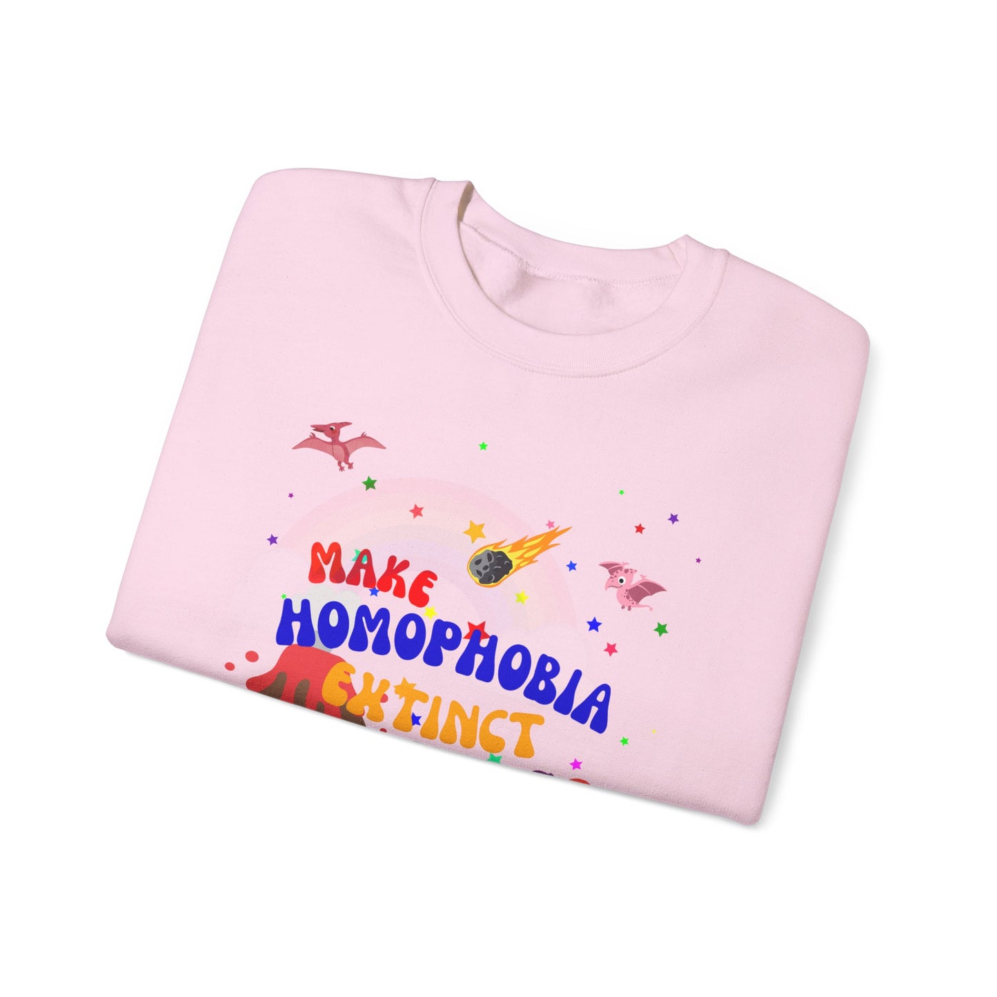 Light pink LGBTQ+ crewneck sweatshirt showcasing dinosaurs and “Make Homophobia Extinct” message—perfect for spreading love and inclusivity.