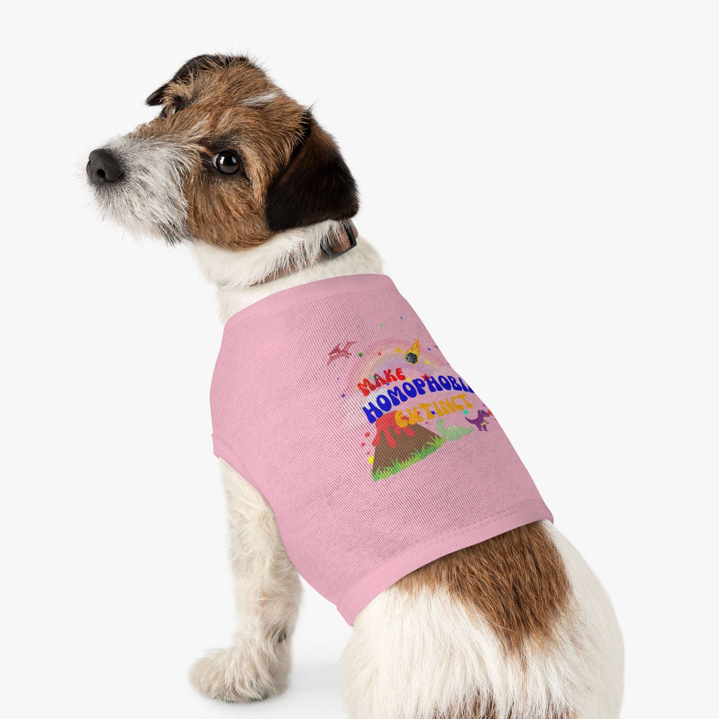 Soft pink LGBTQ+ t-shirt with a charming dinosaur and a dog, featuring “Make Homophobia Extinct” message—perfect for spreading love and inclusivity.