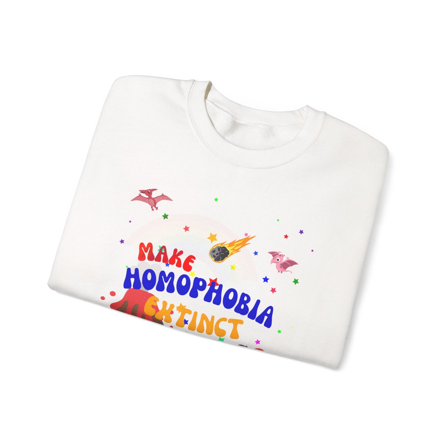 - Soft white LGBTQ+ crewneck sweatshirt showcasing dinosaurs and “Make Homophobia Extinct” message—perfect for spreading love and inclusivity.