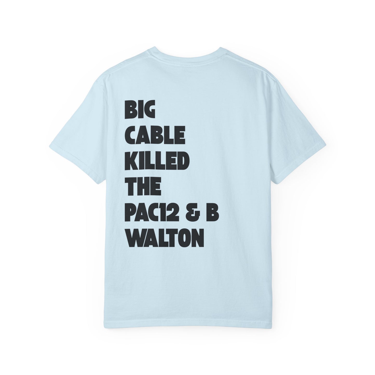 Light blue tee with front graphic of TV, skull, and football, plus back message calling out Big Cable and honoring Bill Walton.