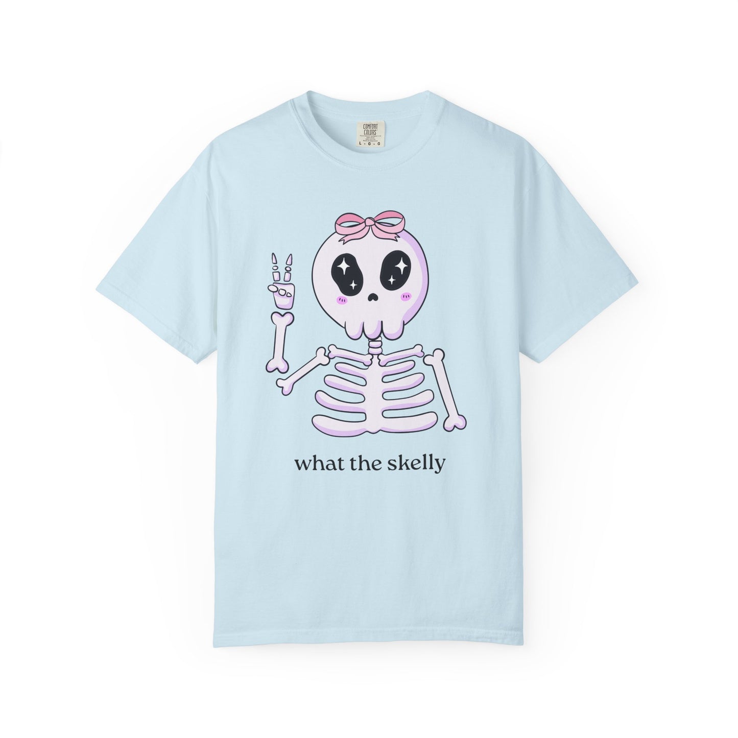 Light blue Halloween tee with confused skeleton graphic and playful text, perfect for October fun.