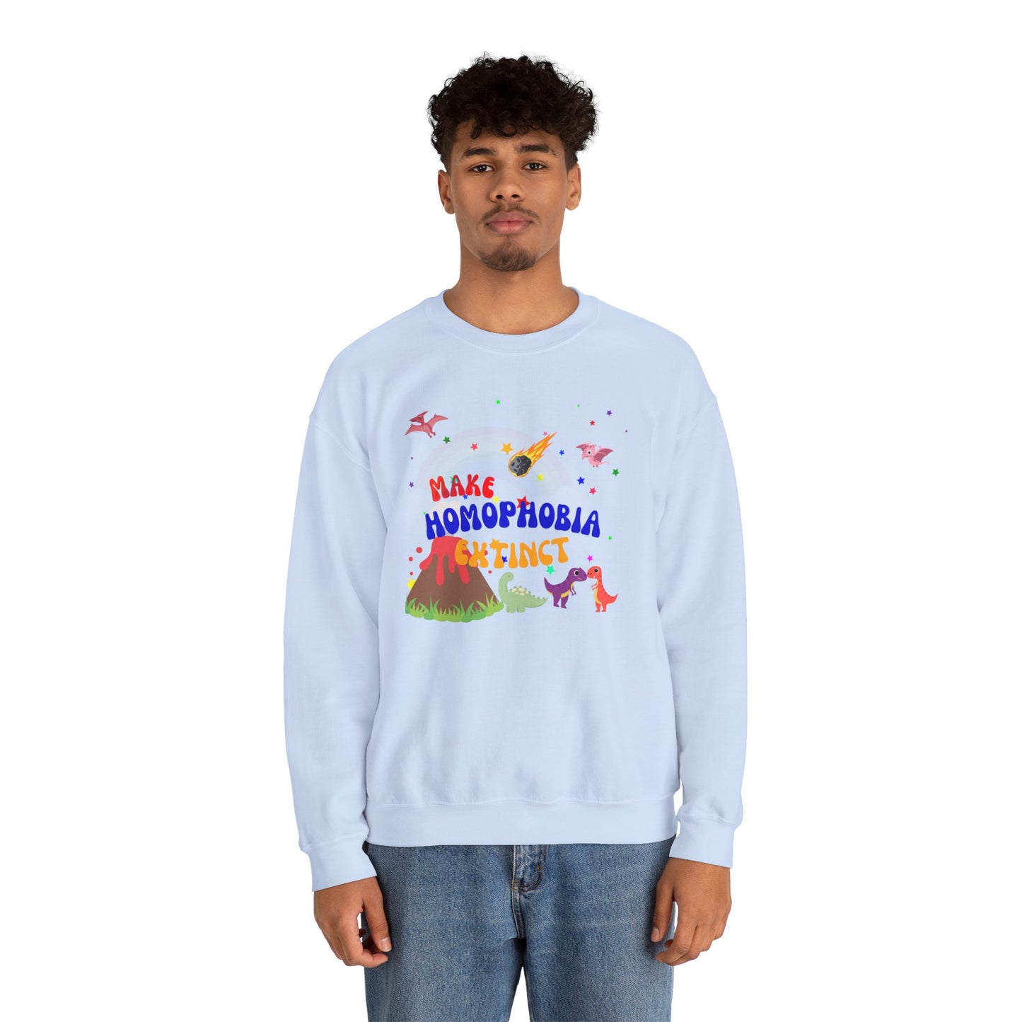Soft baby blue crewneck sweatshirt featuring playful dinosaurs and “Make Homophobia Extinct” text—cozy, bold, and full of LGBTQ+ pride.