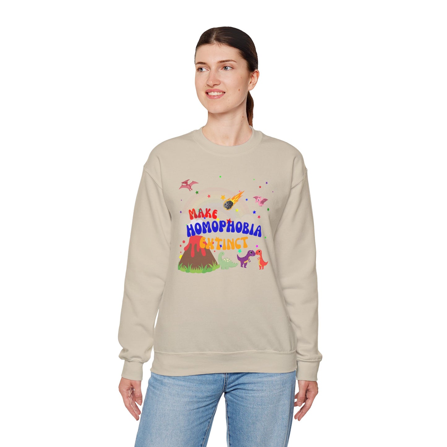Soft beige crewneck sweatshirt featuring playful dinosaurs and “Make Homophobia Extinct” text—cozy, bold, and full of LGBTQ+ pride.