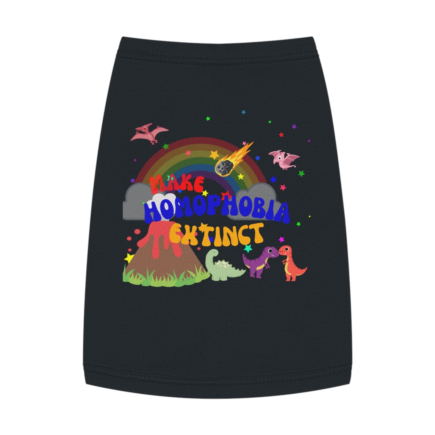- Classic black t-shirt featuring a playful dinosaur and a cute dog with “Make Homophobia Extinct” text—bold, stylish, and full of LGBTQ+ pride.