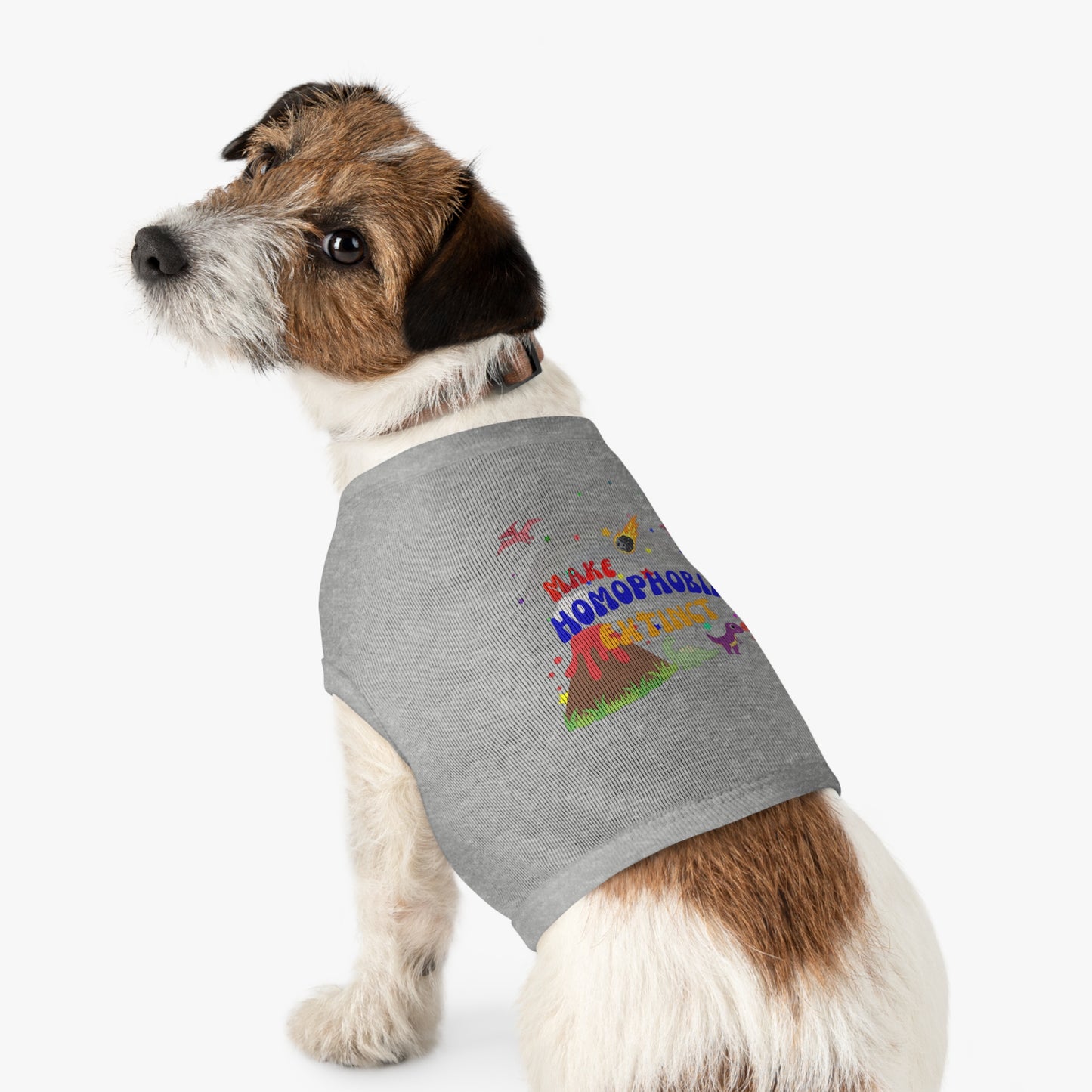 Classic gray t-shirt featuring a playful dinosaur and a cute dog with “Make Homophobia Extinct” text—bold, stylish, and full of LGBTQ+ pride.