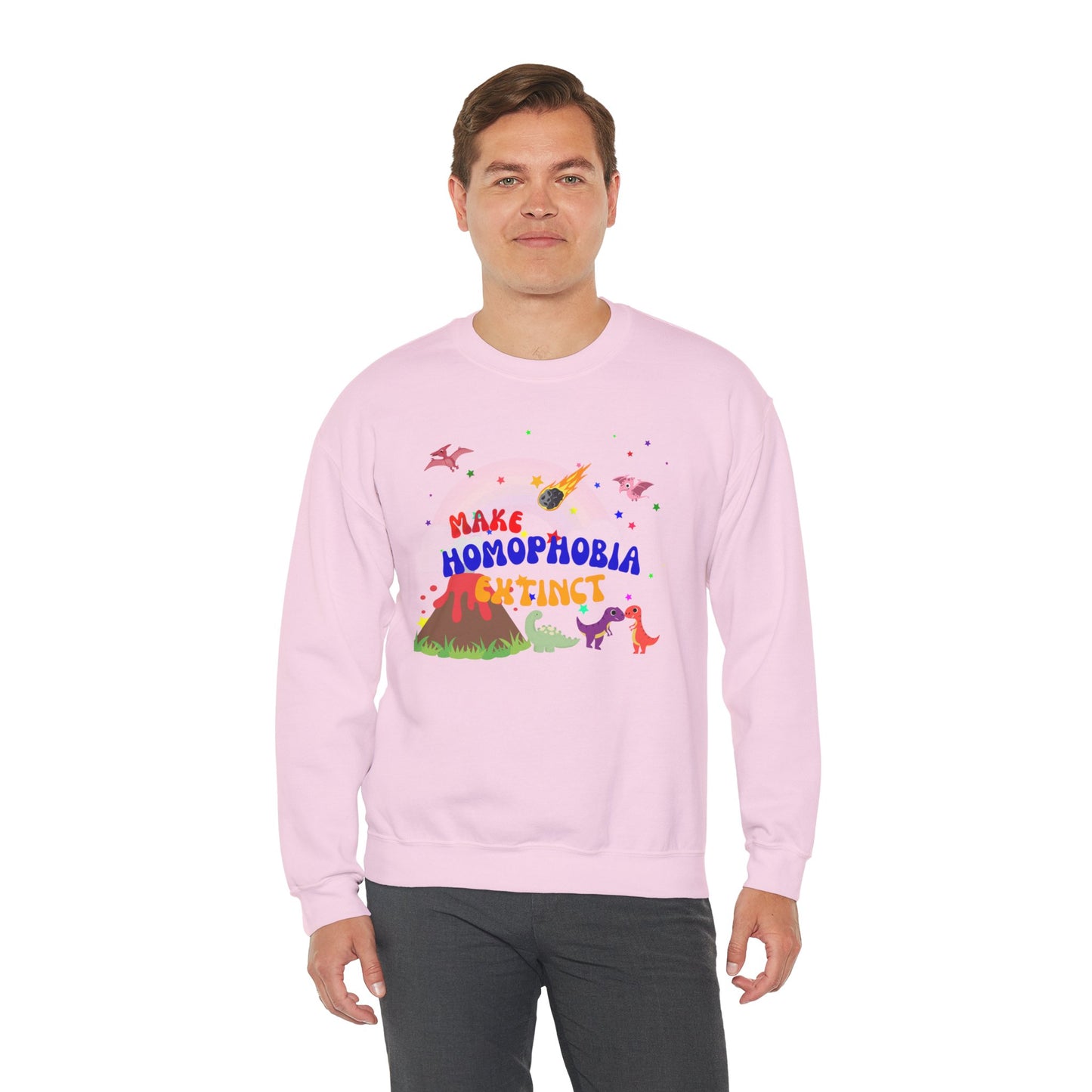 Soft light pink crewneck sweatshirt featuring playful dinosaurs and “Make Homophobia Extinct” text—cozy, bold, and full of LGBTQ+ pride.