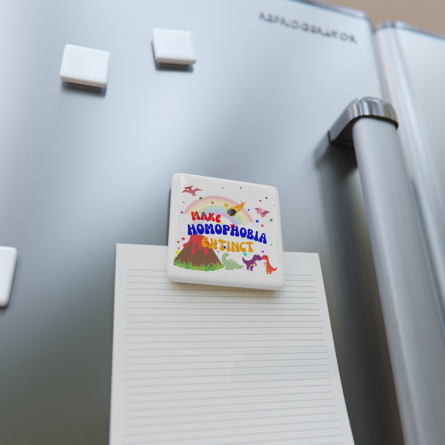 Bold and colorful "Make Homophobia Extinct" magnet featuring a vibrant dinosaur graphic, delivering a playful yet powerful LGBTQ+ advocacy message.