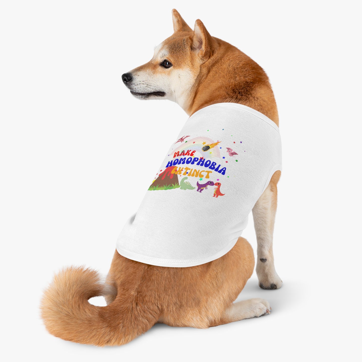 White t-shirt featuring a playful dinosaur and “Make Homophobia Extinct” message alongside a cute dog—fun, bold, and full of LGBTQ+ pride.
