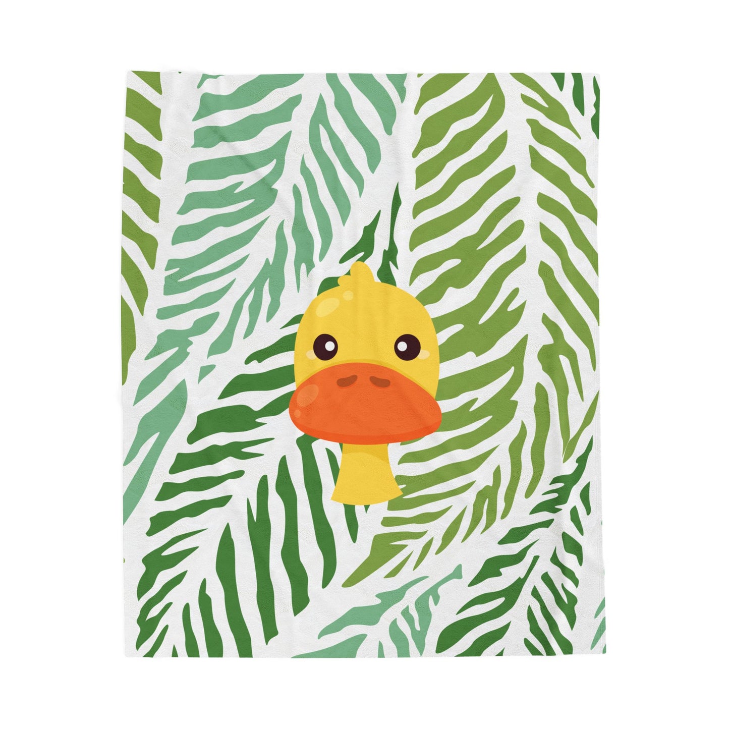 Maximalist jungle-themed plush blanket with duck print styled in colorful dorm room