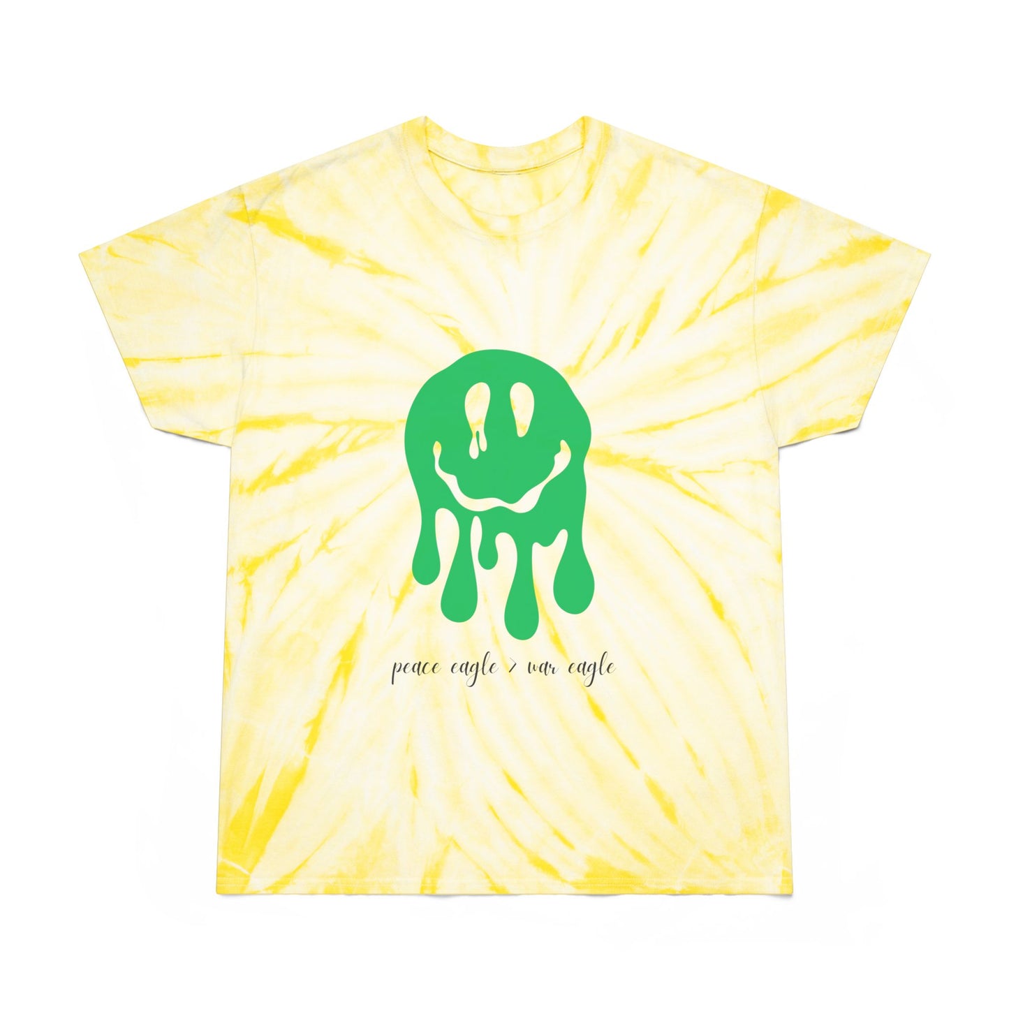 Yellow and green tie-dye tee with melting smiley graphic and “peace eagle > war eagle” message, styled for playful Oregon football fans.