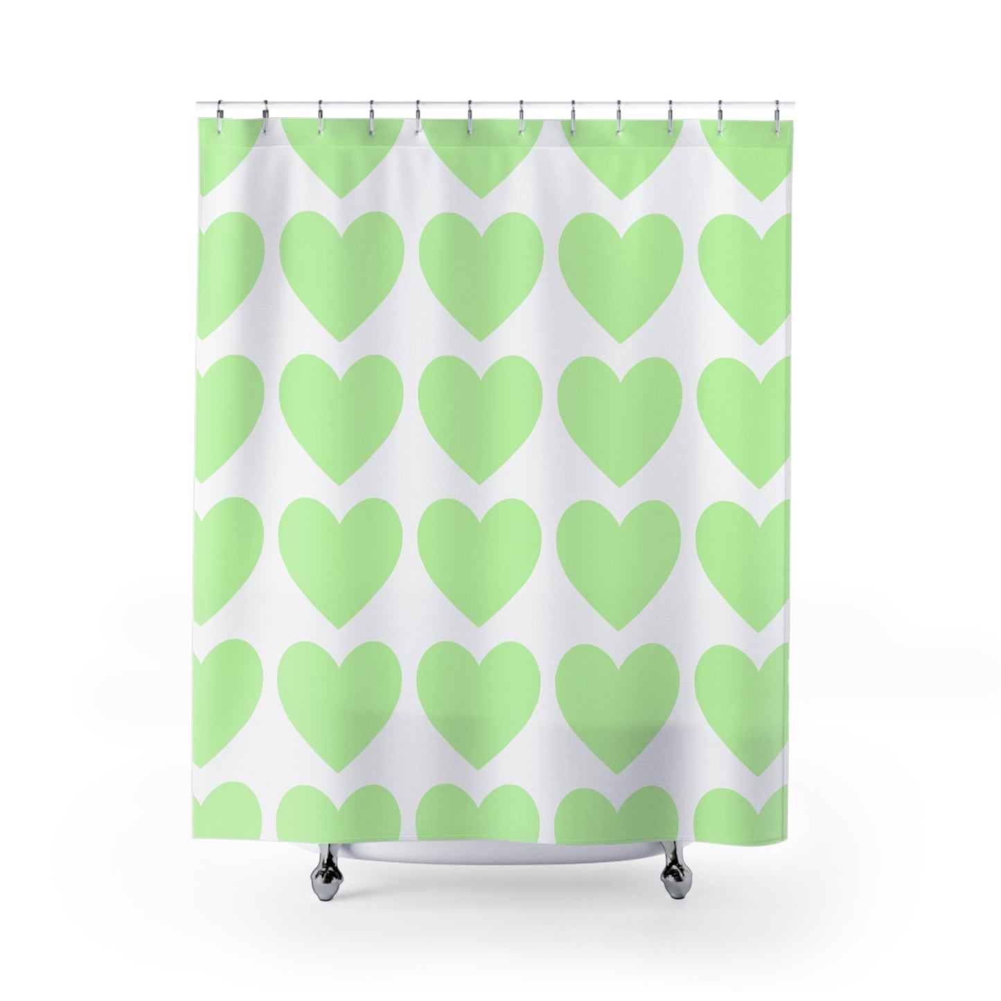 Mint green shower curtain with large heart design for college dorm bathrooms