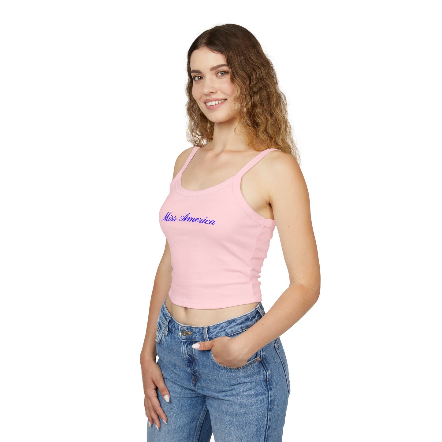Soft baby pink tank top featuring elegant blue cursive “Miss America” text—patriotic, stylish, and perfect for Independence Day festivities.