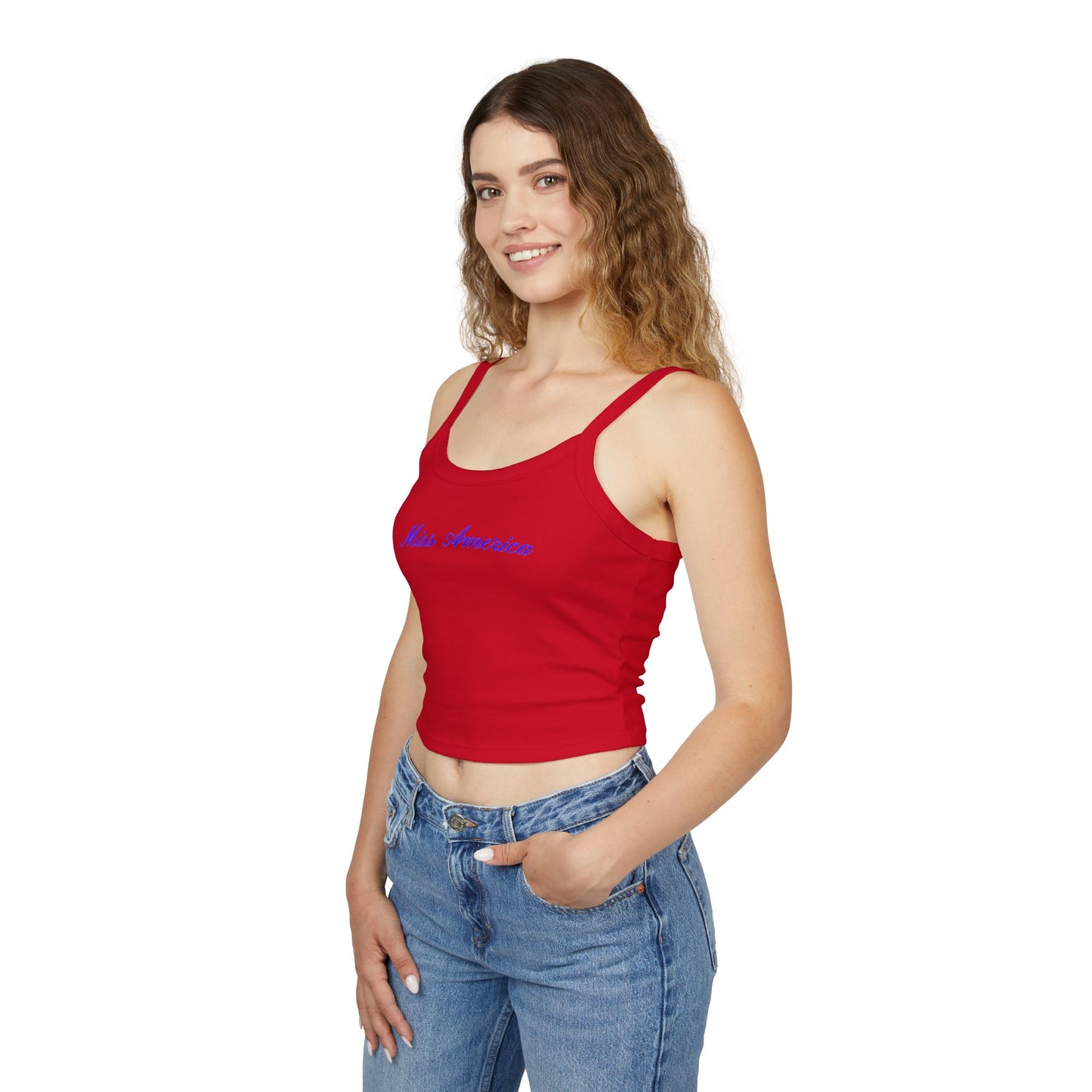 Vibrant red tank top featuring elegant blue cursive “Miss America” text—patriotic, stylish, and perfect for Independence Day festivities.