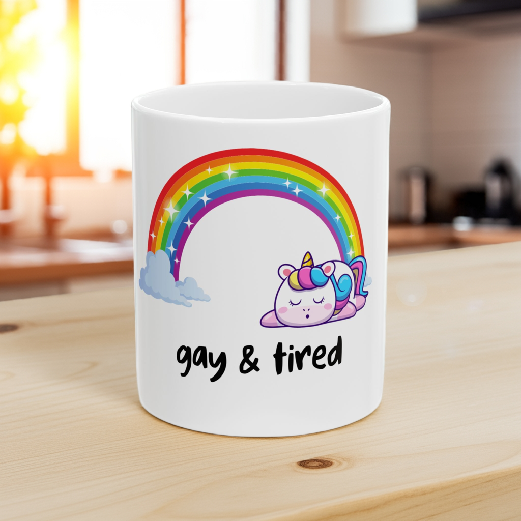 "Gay & Tired" LGBTQ+ Coffee Mug – Funny Pride Drinkware