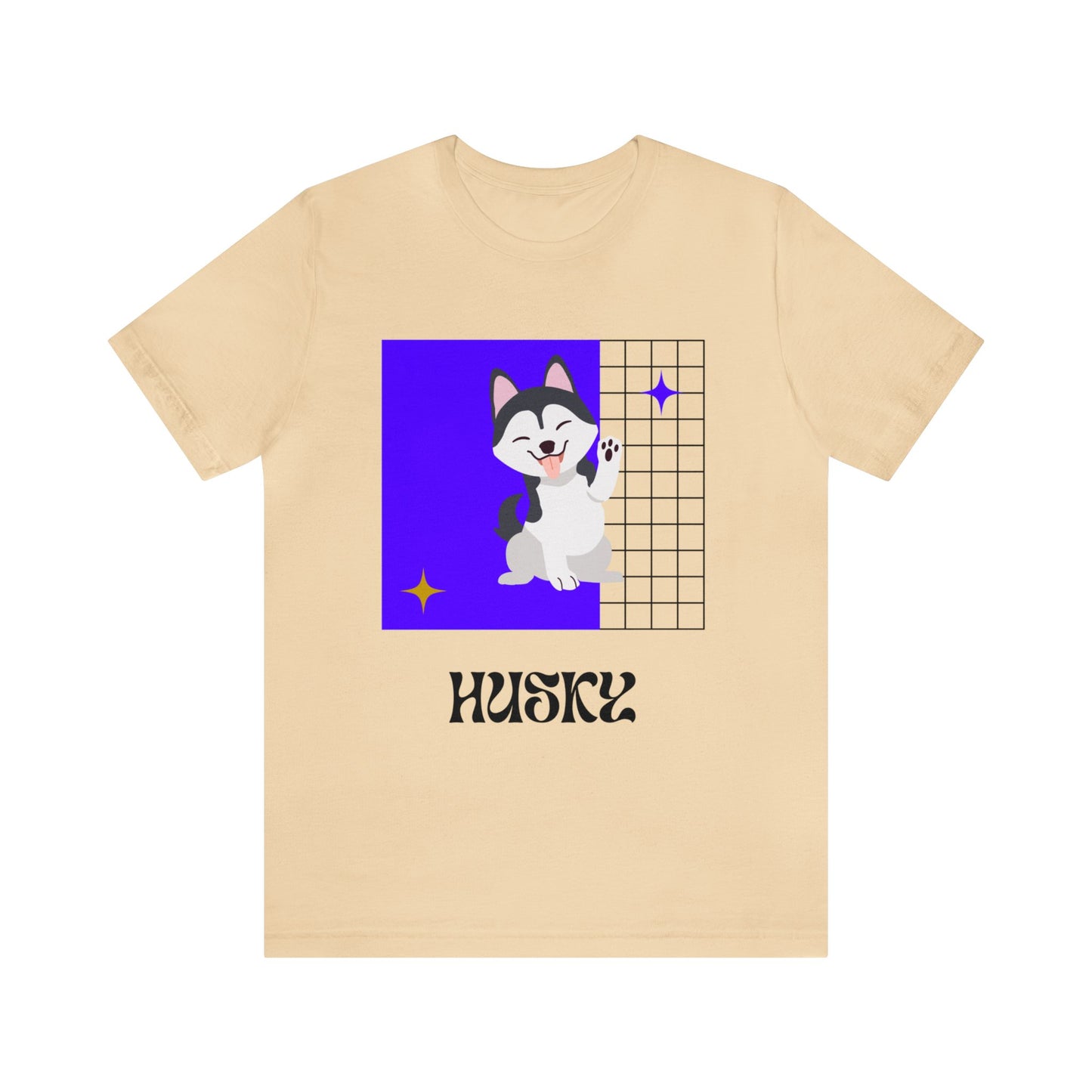 Model in natural-colored mascot t-shirt featuring purple and gold husky graphic, paired with relaxed-fit joggers and sporty accessories.