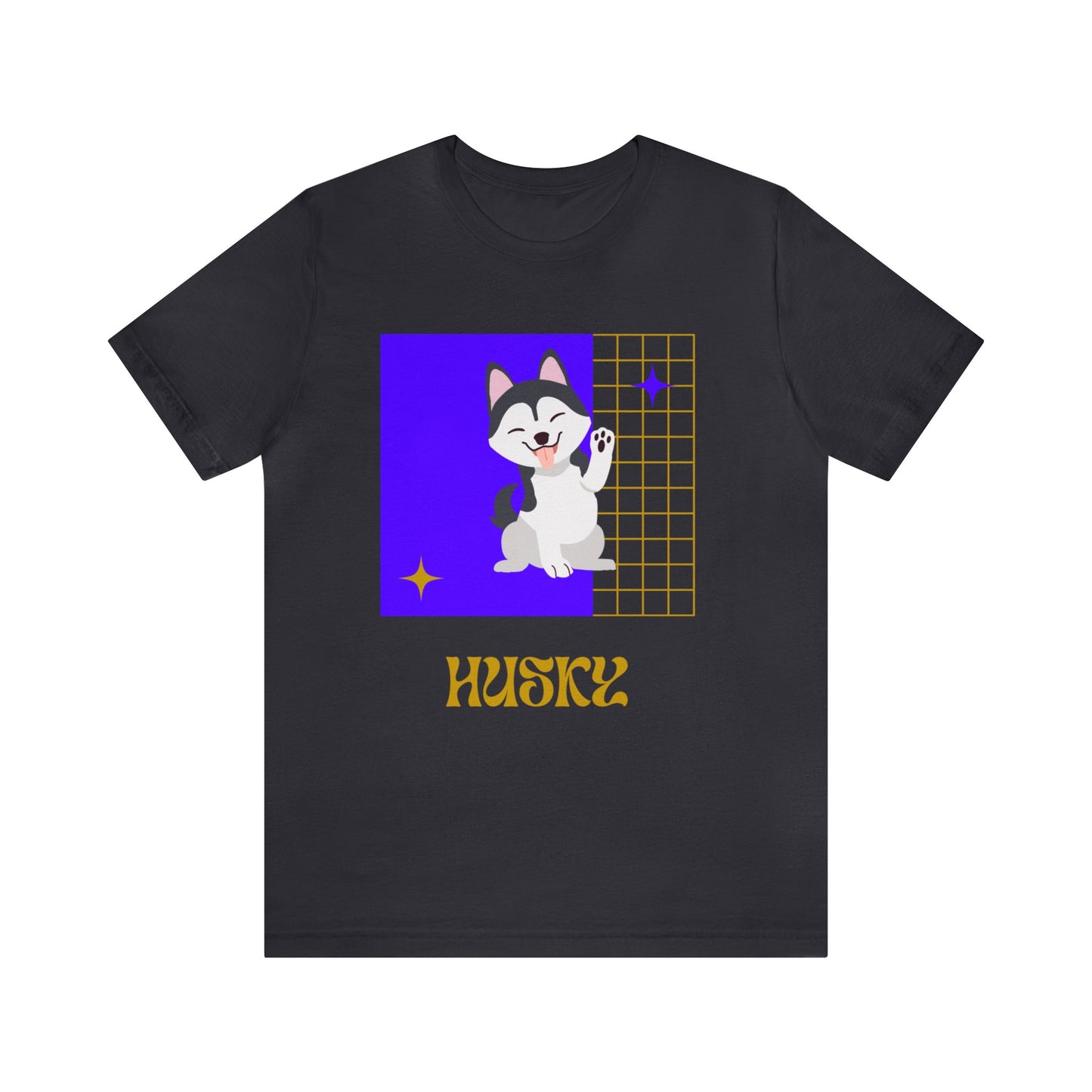 Model in navy tee with purple and gold pup mascot design, styled with sneakers and a backpack—college gameday style meets comfort.