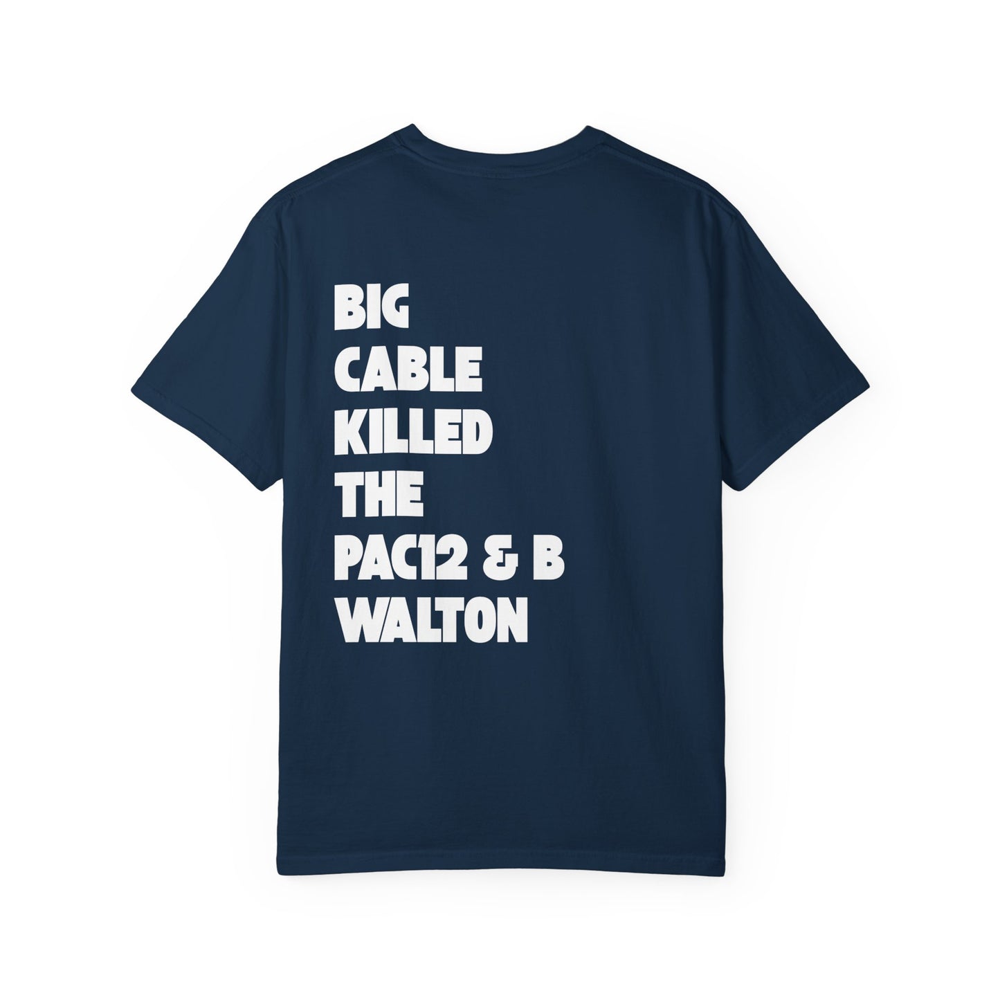 Navy blue tee with bold front graphic and back message about the fall of the Pac-12 and Bill Walton’s legacy.