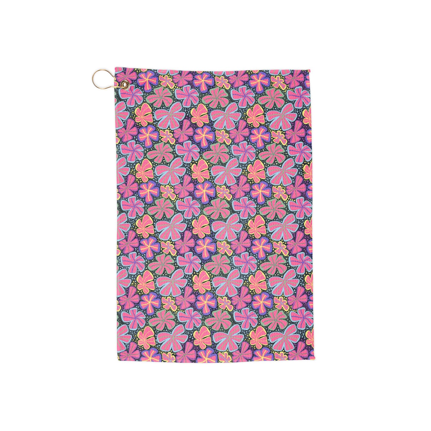 A bright, high-contrast floral golf towel featuring bold neon-colored blooms. A striking, retro-futuristic design perfect for players who love statement accessories