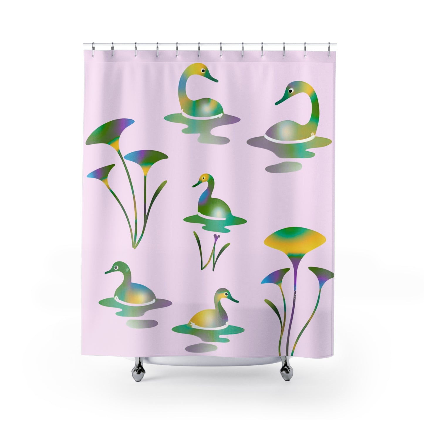 Pastel pink shower curtain with psychedelic ducks and magical forest design for college dorm bathrooms