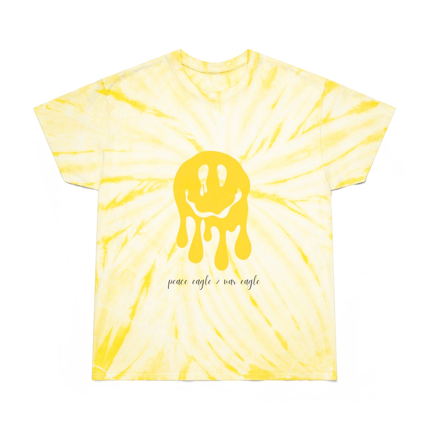 Yellow and green tie-dye tee with melting smiley and “peace eagle > war eagle” slogan, styled for bold Oregon football fans.