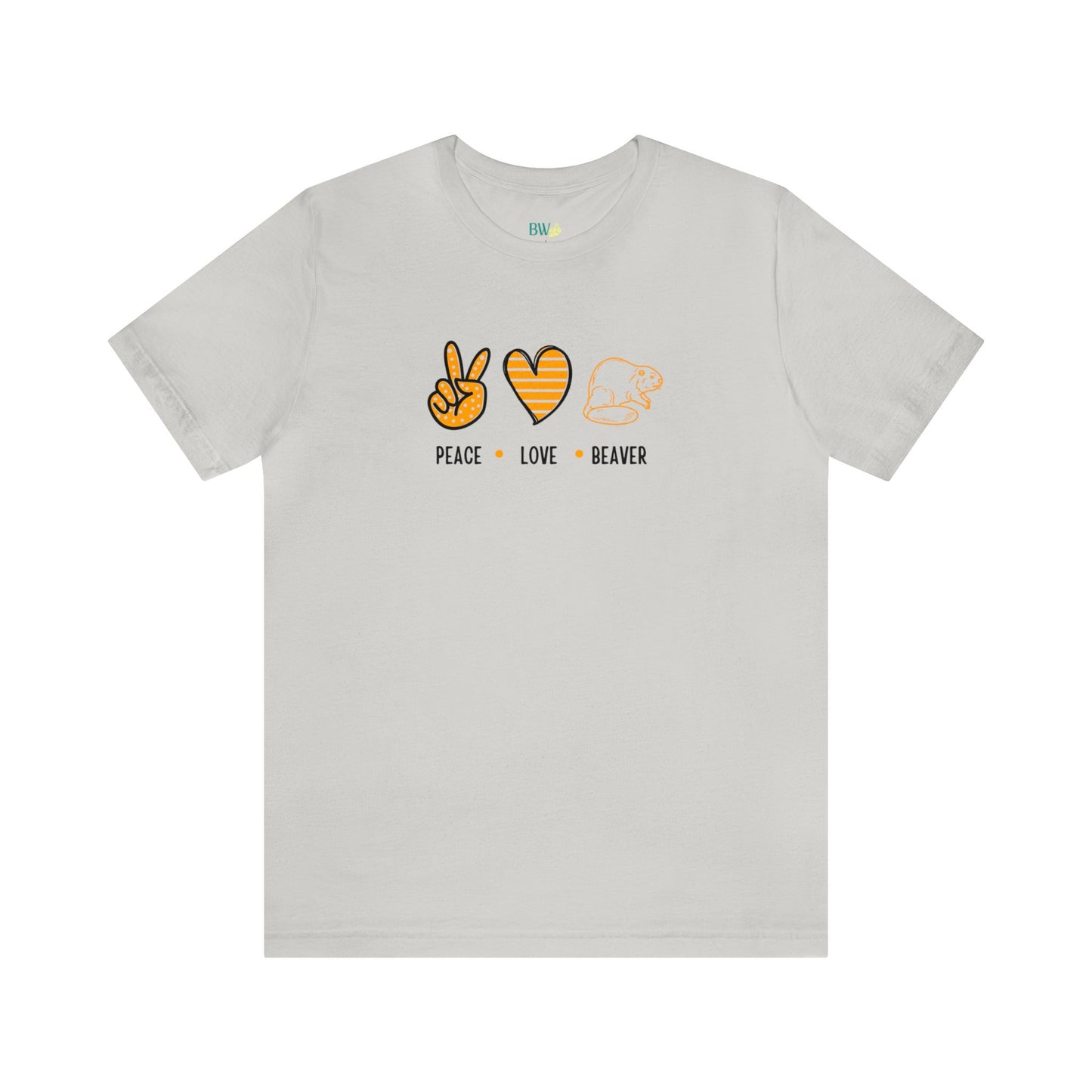 Front view of Peace Love Beaver t-shirt in silver—soft neutral tone styled for Oregon State fans with retro graphic icons