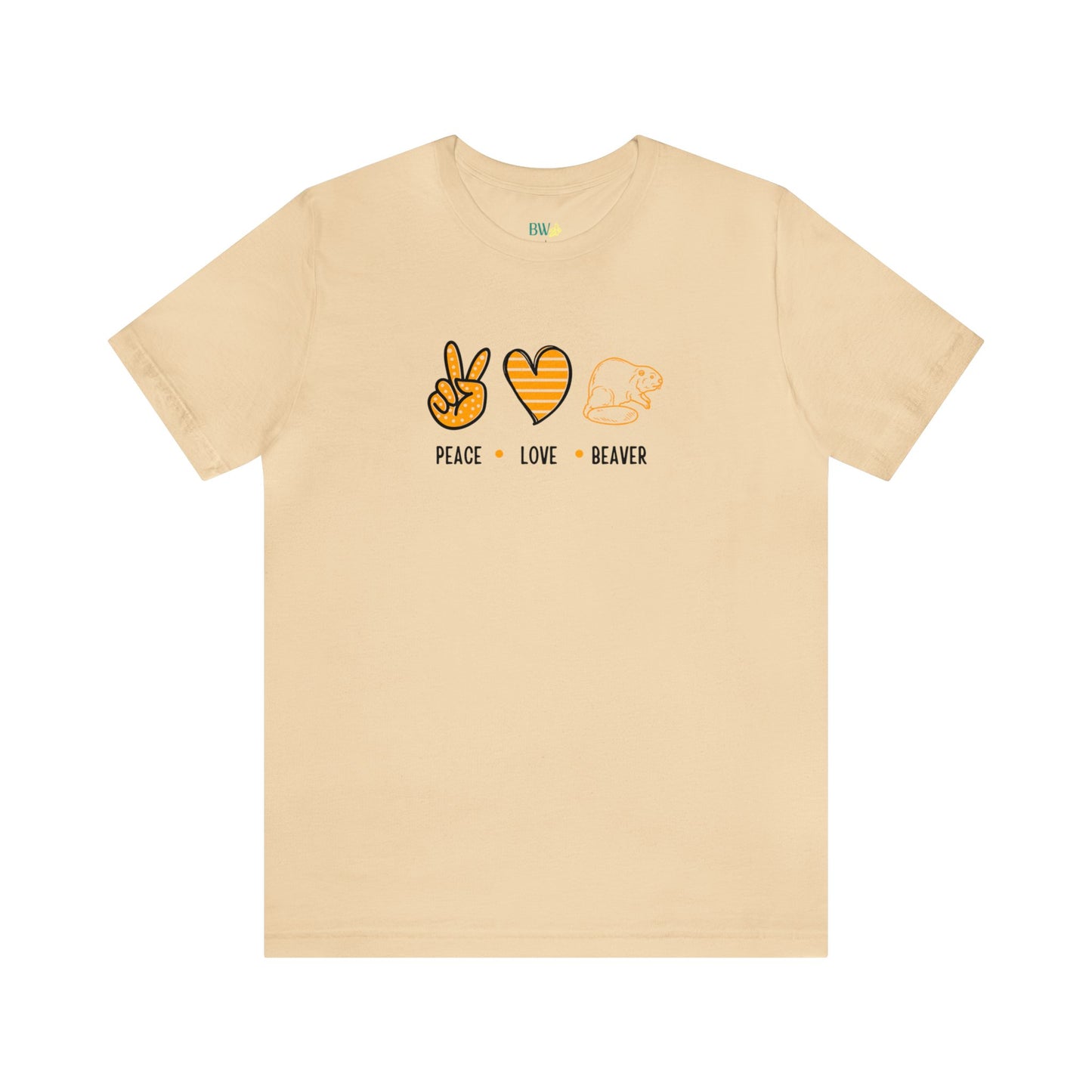 Front view of Peace Love Beaver t-shirt in soft cream—light beige hue with playful retro icons for Oregon State gameday style