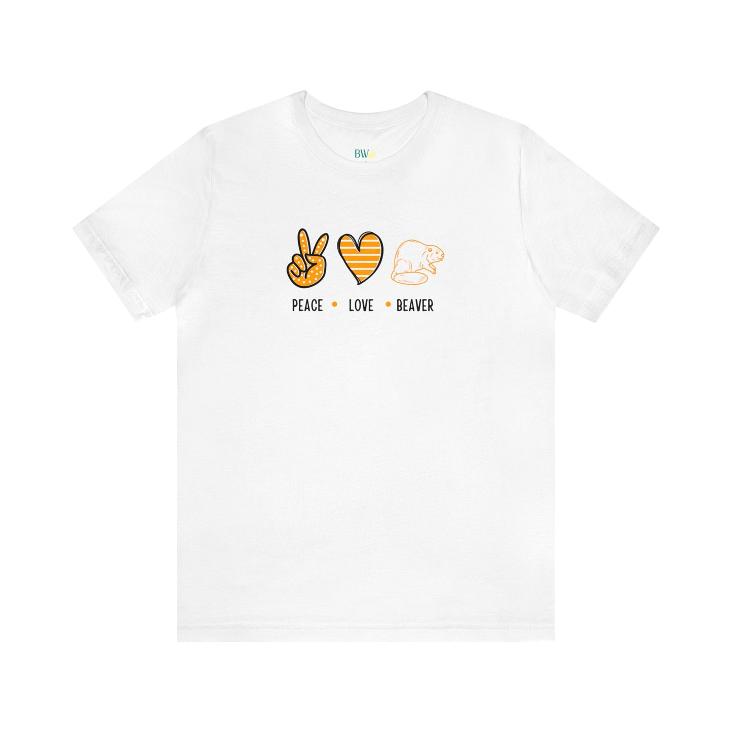 Front view of Peace Love Beaver t-shirt in classic white—clean canvas with bold orange and black retro graphic icons