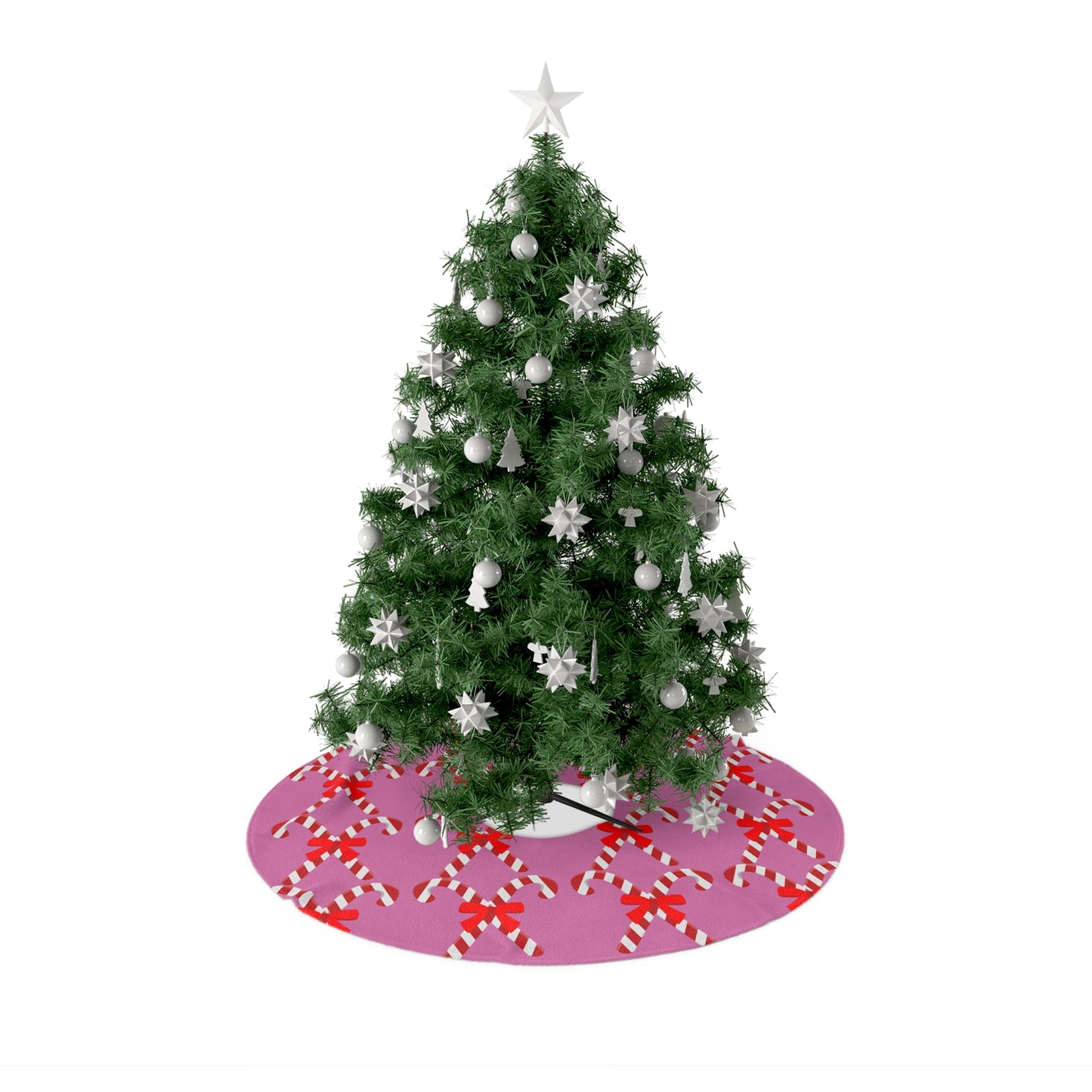 Close-up detail of candy cane stripes with pink and red bows on Christmas tree skirt