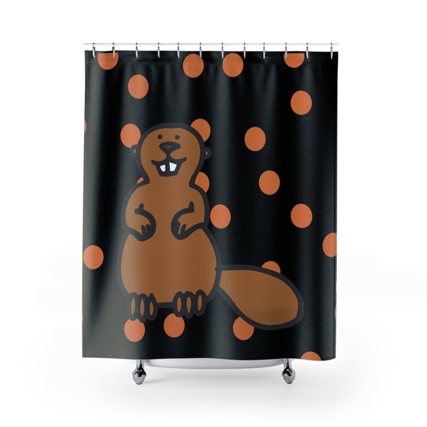 Front view of black and orange polka dot shower curtain with subtle beaver-inspired design