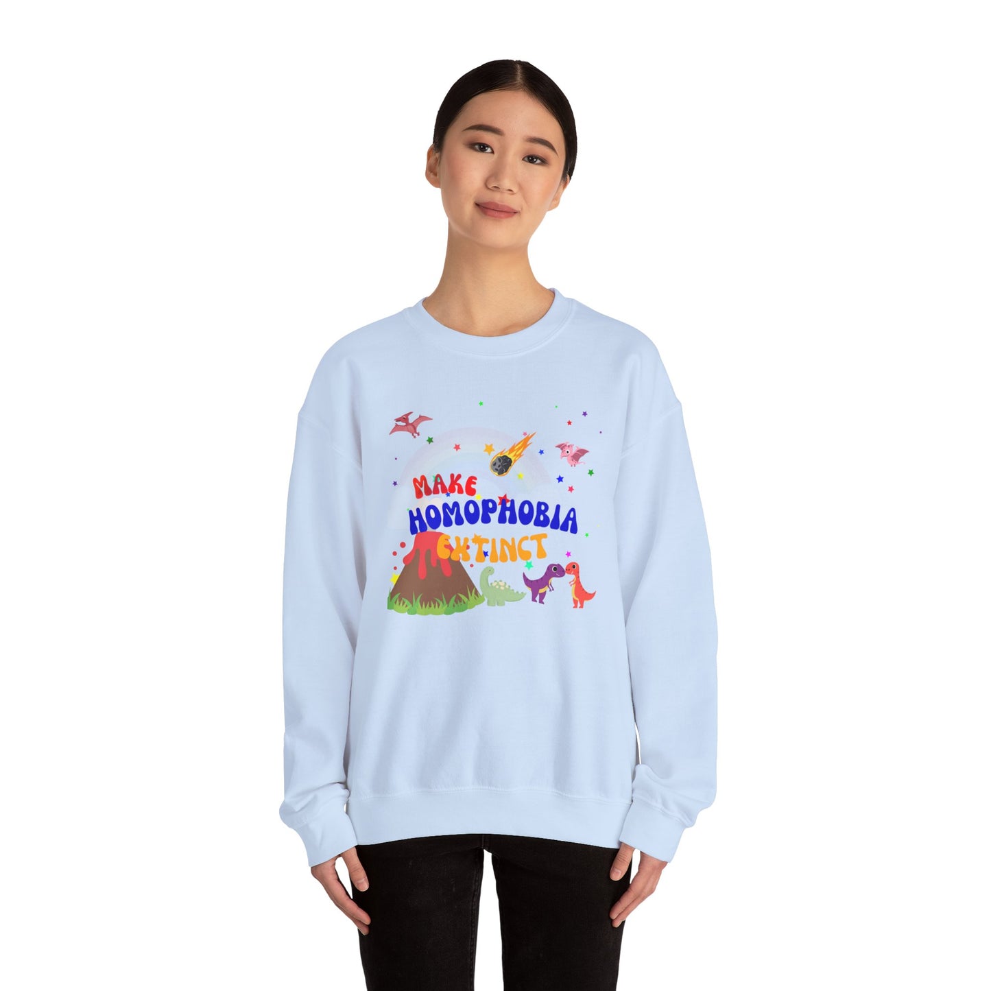 Pastel blue Pride sweatshirt with a charming dinosaur design and “Make Homophobia Extinct” slogan—stylish, expressive, and empowering.
