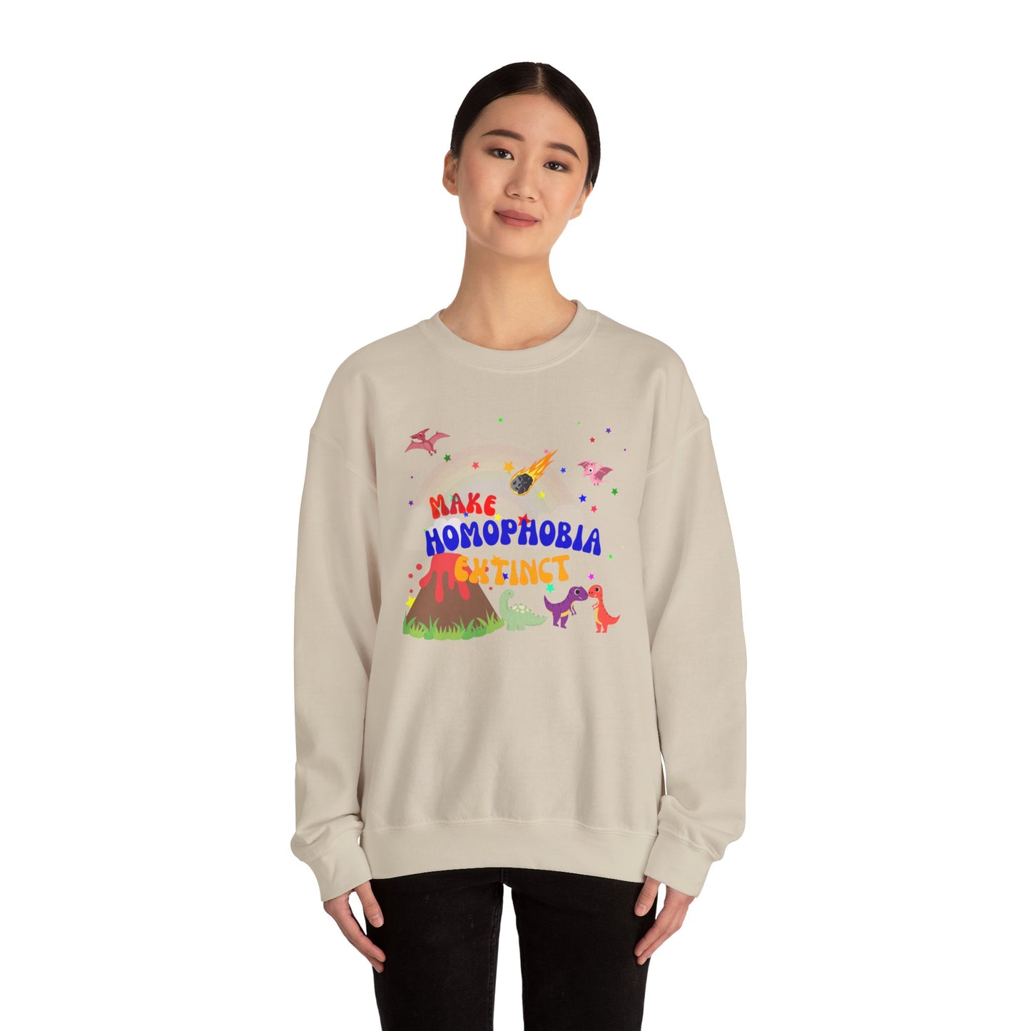 Neutral beige Pride sweatshirt with a charming dinosaur design and “Make Homophobia Extinct” slogan—stylish, expressive, and empowering.