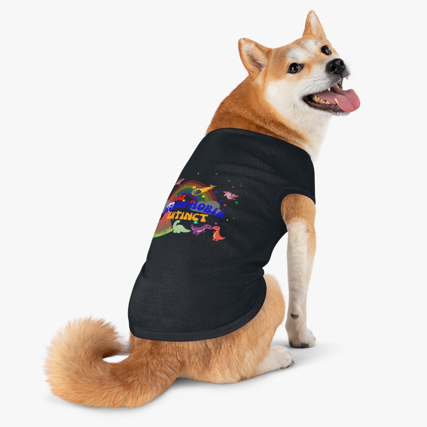 Sleek black Pride t-shirt showcasing a happy dog and a dinosaur alongside “Make Homophobia Extinct” slogan—modern, expressive, and empowering.