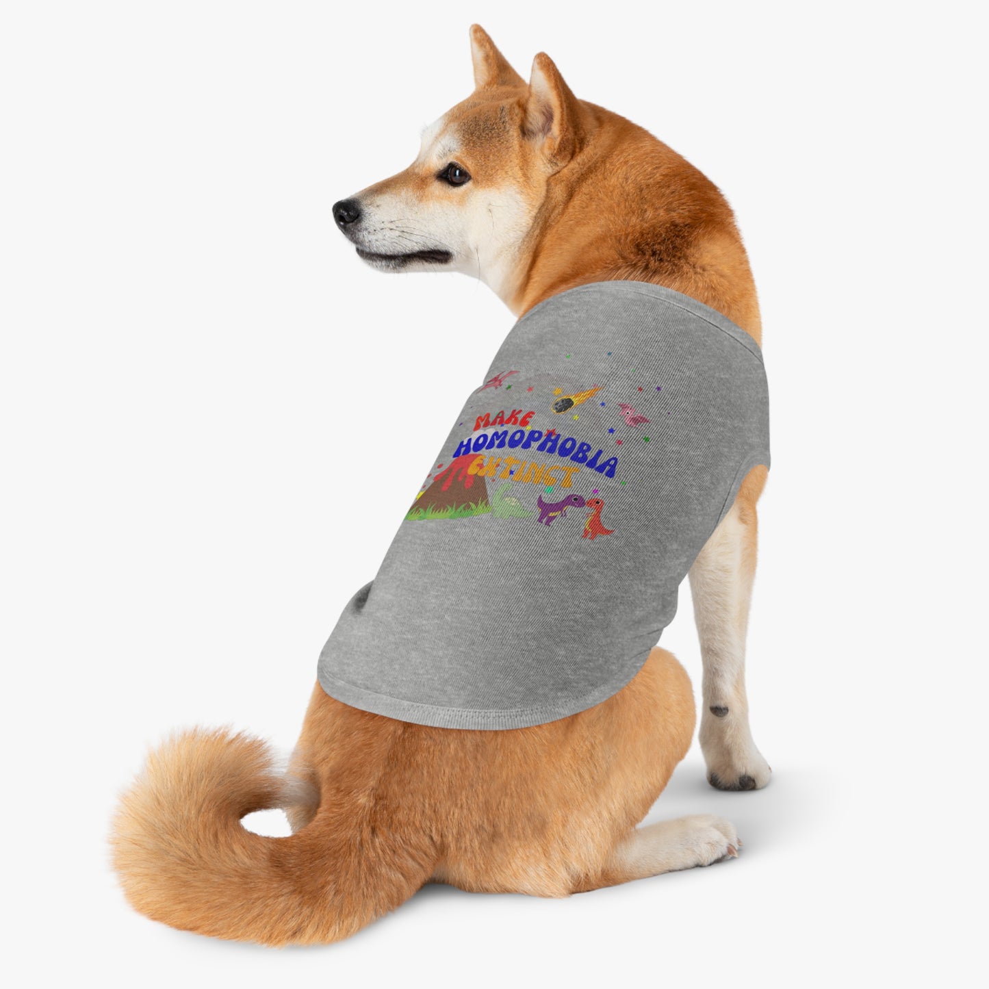 Soft gray Pride t-shirt showcasing a happy dog and a dinosaur alongside “Make Homophobia Extinct” slogan—expressive, modern, and empowering.