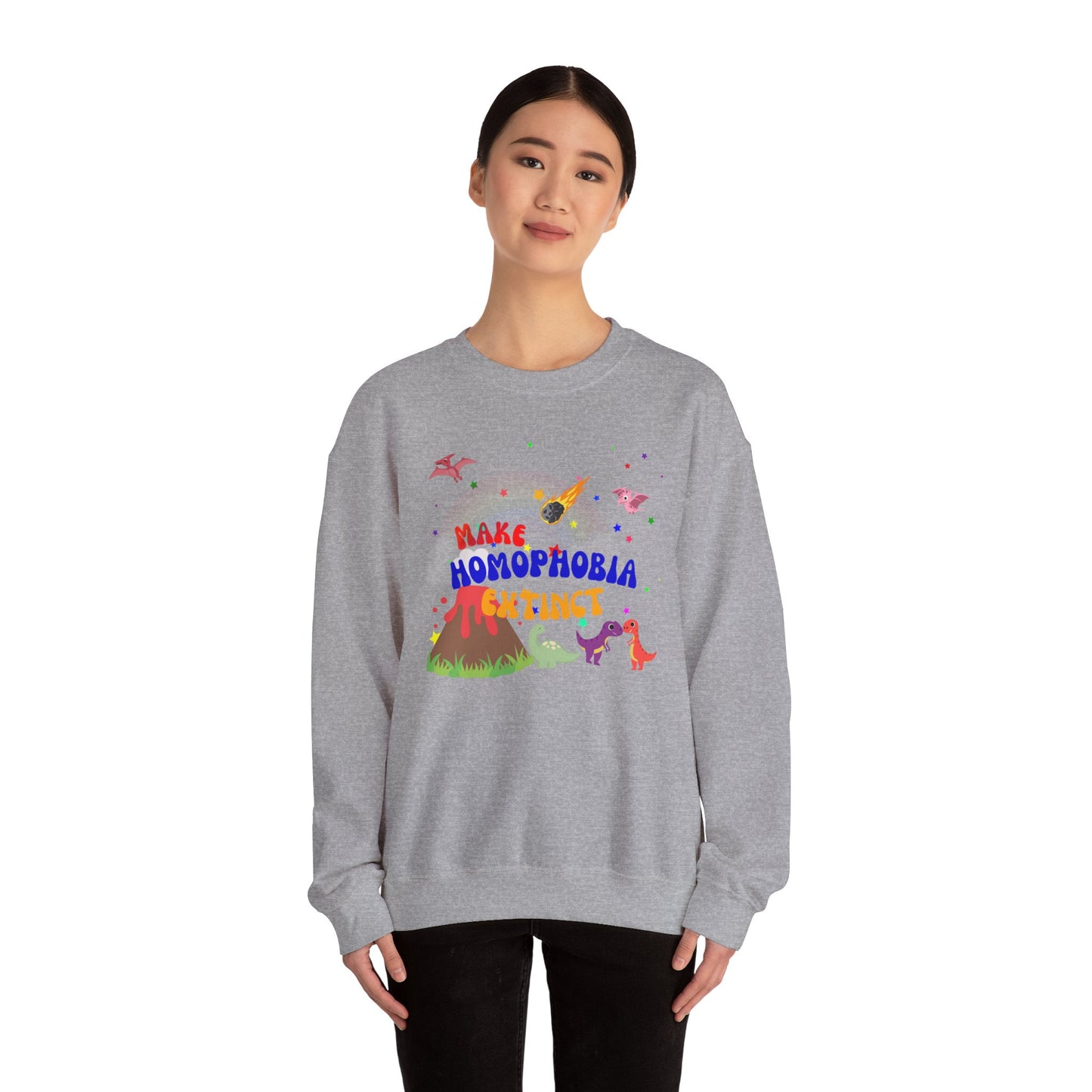 Minimalist light gray Pride sweatshirt with a charming dinosaur design and “Make Homophobia Extinct” slogan—stylish, expressive, and empowering.