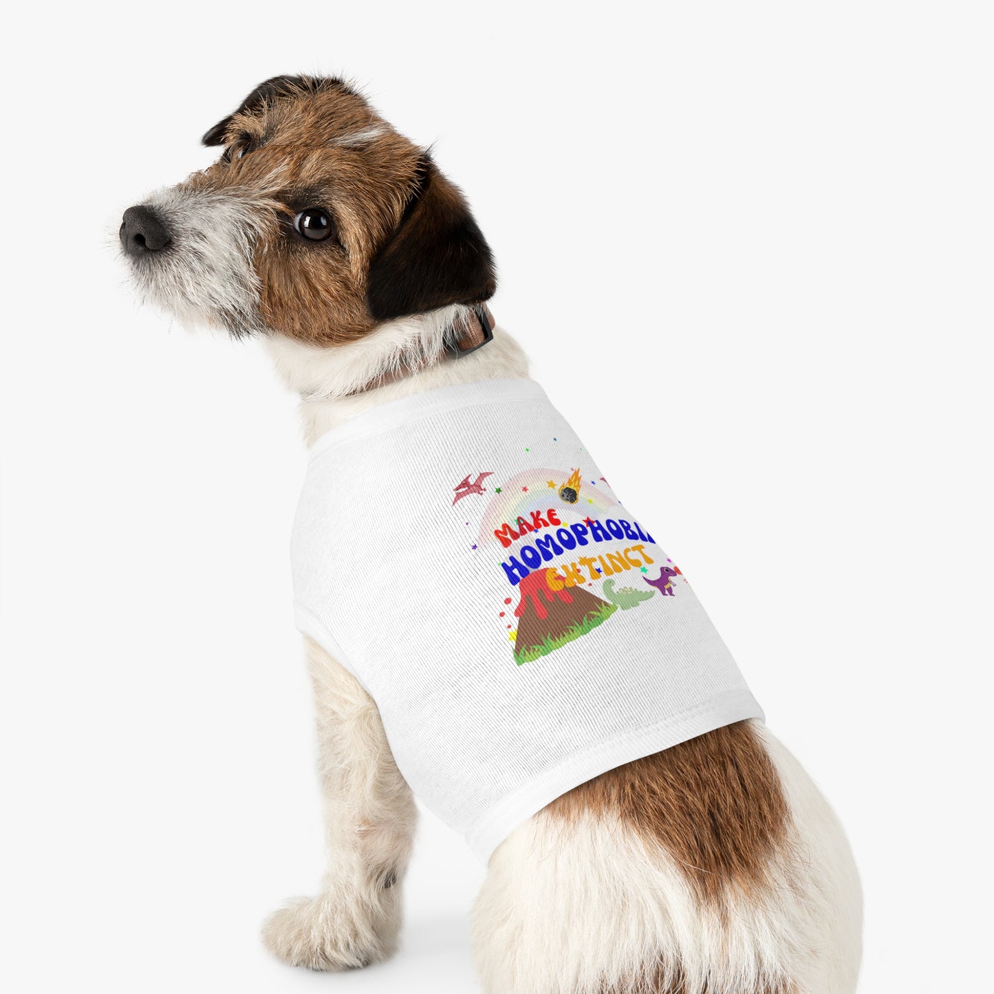 Minimalist white Pride t-shirt with a dinosaur, a dog, and “Make Homophobia Extinct” text—stylish, expressive, and empowering.