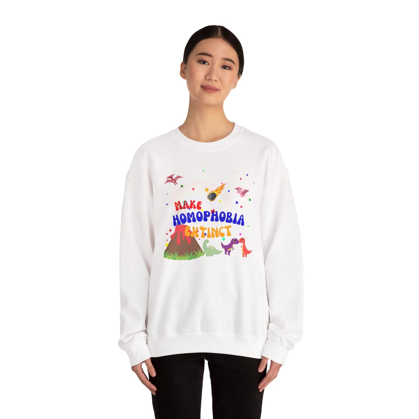 Minimalist white Pride sweatshirt with a charming dinosaur design and “Make Homophobia Extinct” slogan—sleek, expressive, and empowering.