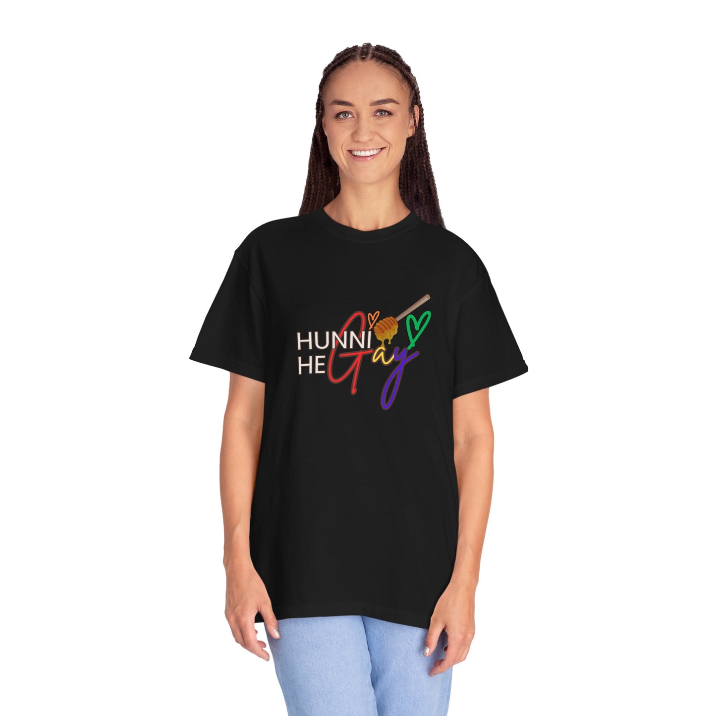 Classic black “Hunni He Gay” t-shirt with crisp white lettering—modern, confident, and full of LGBTQ+ pride