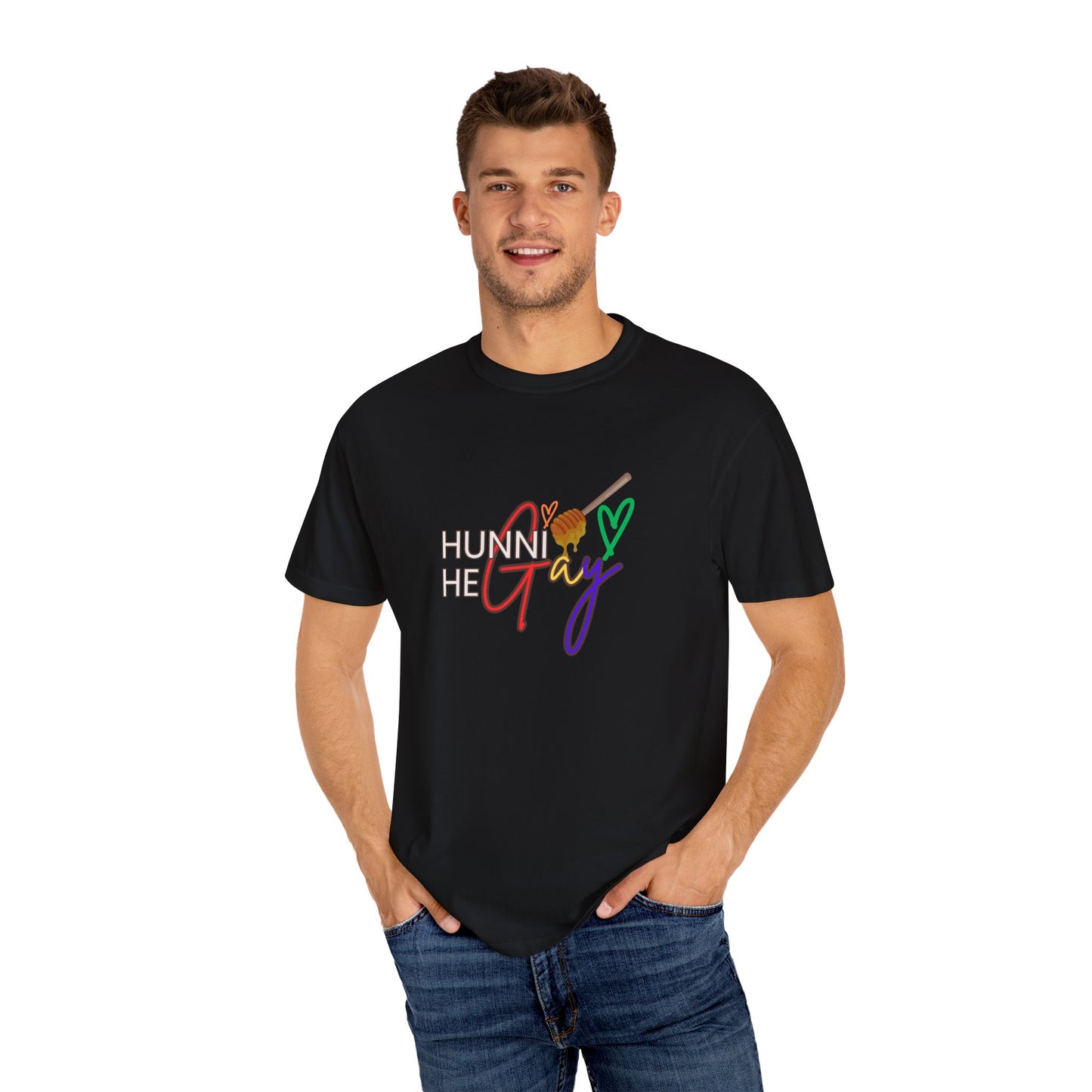 Classic black crew-neck t-shirt featuring “Hunni He Gay” in bold font—perfect for making a statement with Pride.