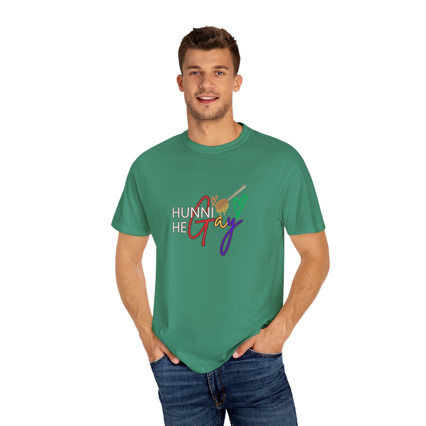Bold dark green crew-neck t-shirt featuring “Hunni He Gay” in strong typography—stylish and effortlessly cool Pride apparel
