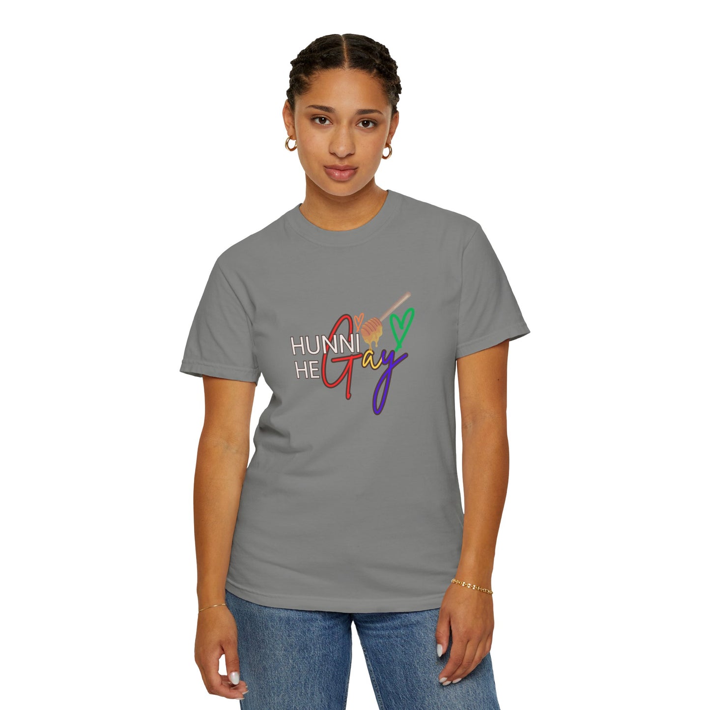 Classic gray crew-neck Pride t-shirt featuring “Hunni He Gay” in strong font, blending versatility with LGBTQ+ confidence