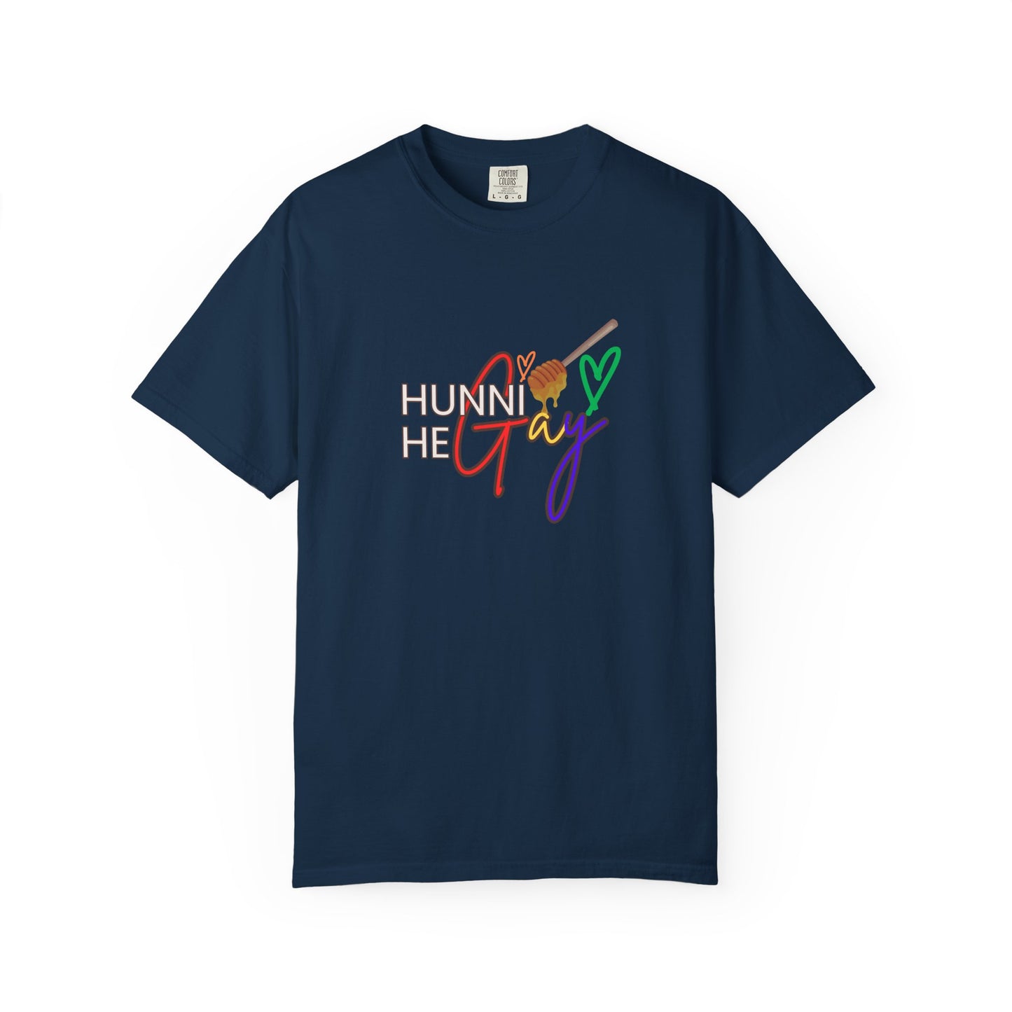 Classic navy blue crew-neck t-shirt featuring “Hunni He Gay” in standout font—timeless and full of LGBTQ+ energy.