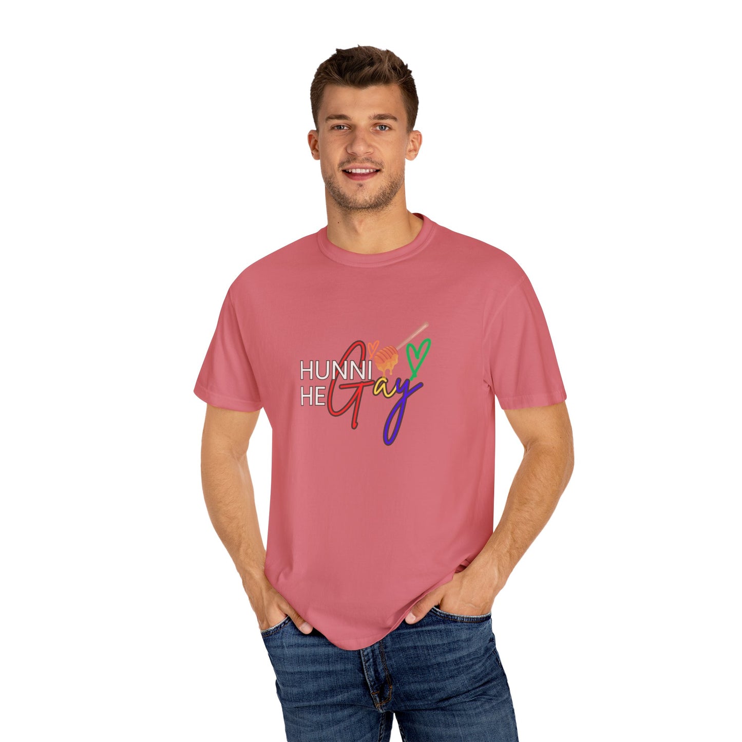 Trendy pastel pink crew-neck t-shirt featuring “Hunni He Gay” in bold font—perfect for Pride and everyday wear.