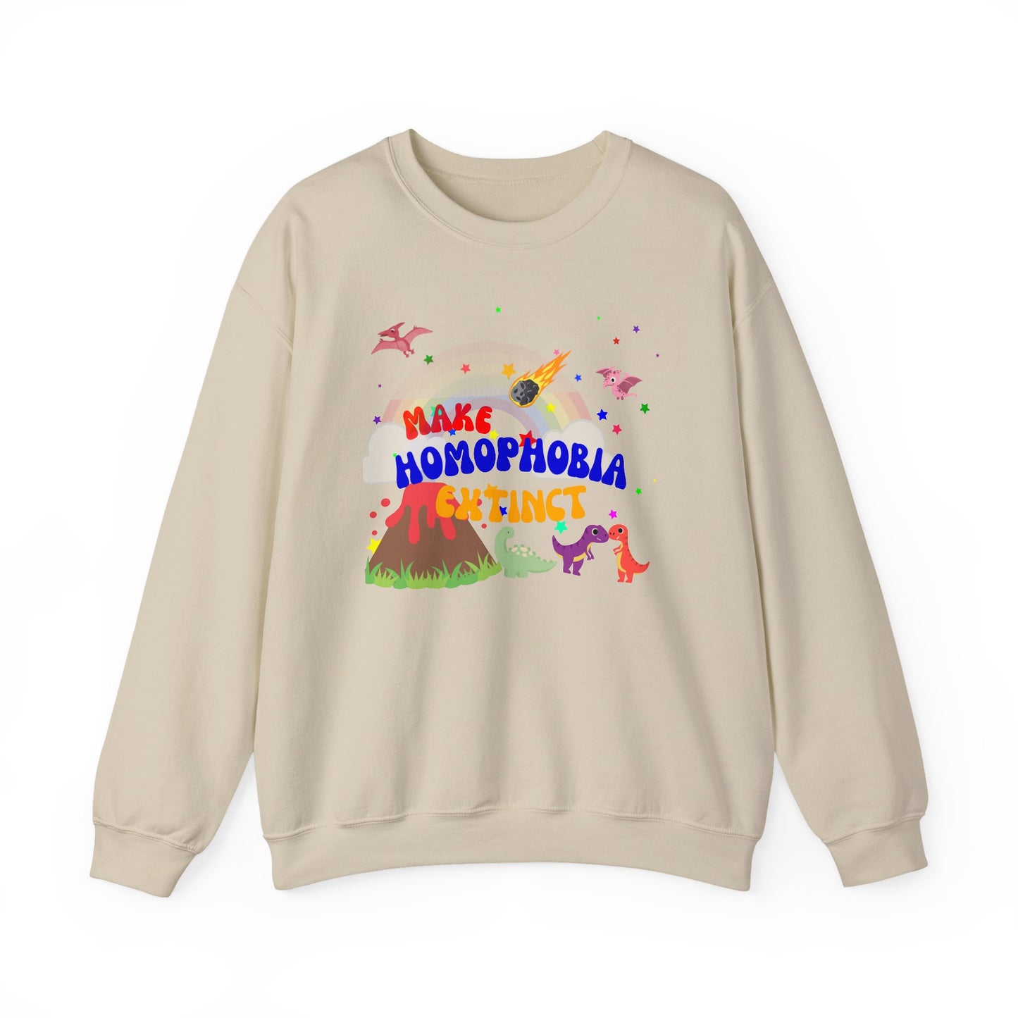 Neutral beige Pride sweatshirt with a charming dinosaur design and “Make Homophobia Extinct” slogan—sleek, expressive, and empowering