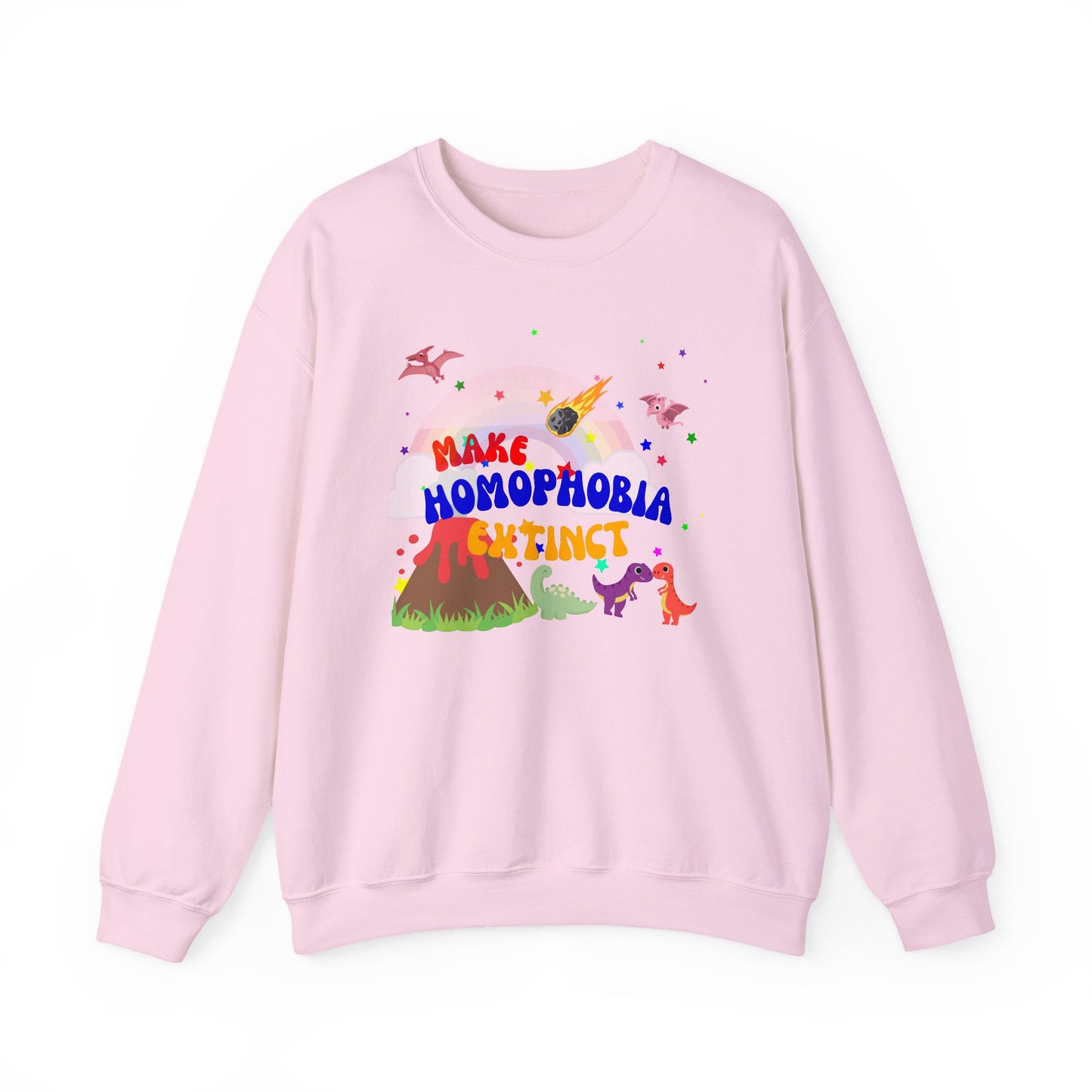 Soft light pink crewneck sweatshirt featuring playful dinosaurs and “Make Homophobia Extinct” text—cozy, bold, and full of LGBTQ+ pride.