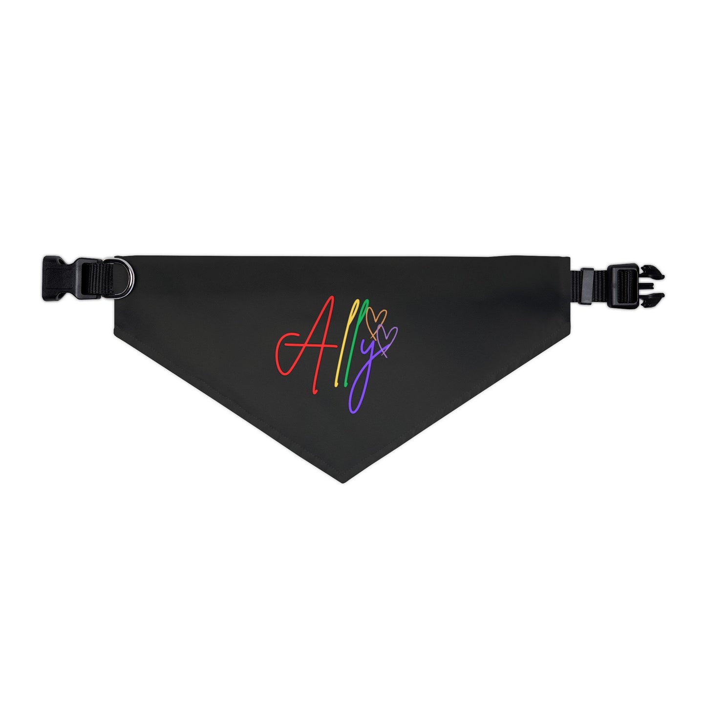A bright, rainbow-striped dog scarf adds a pop of color and pride to a pet’s outfit, celebrating LGBTQ+ allyship