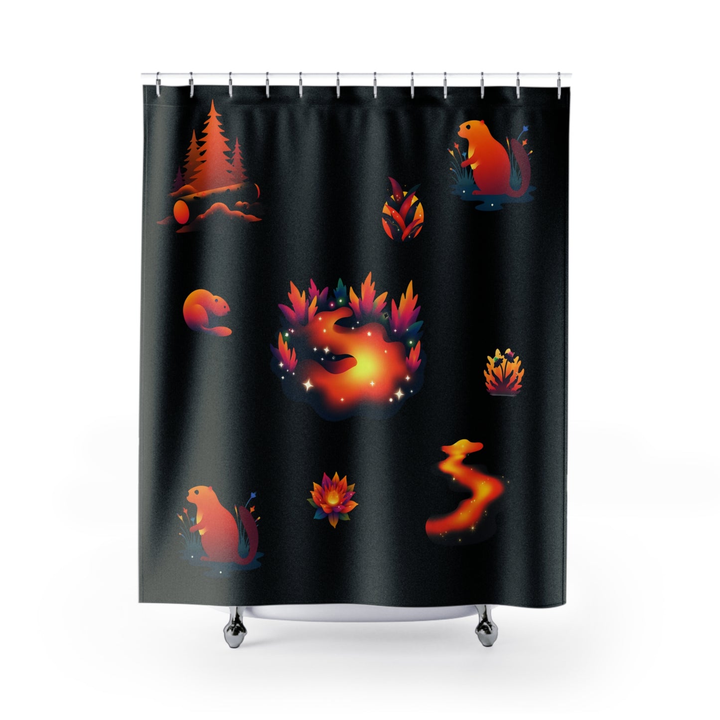 Front view of orange and black psychedelic shower curtain with abstract dam-inspired pattern