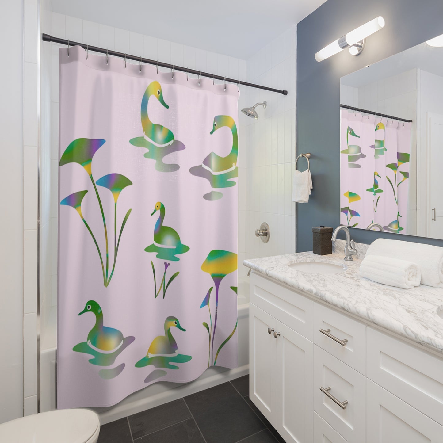 Whimsical student bathroom decor featuring ducks in enchanted forest on pink backdrop