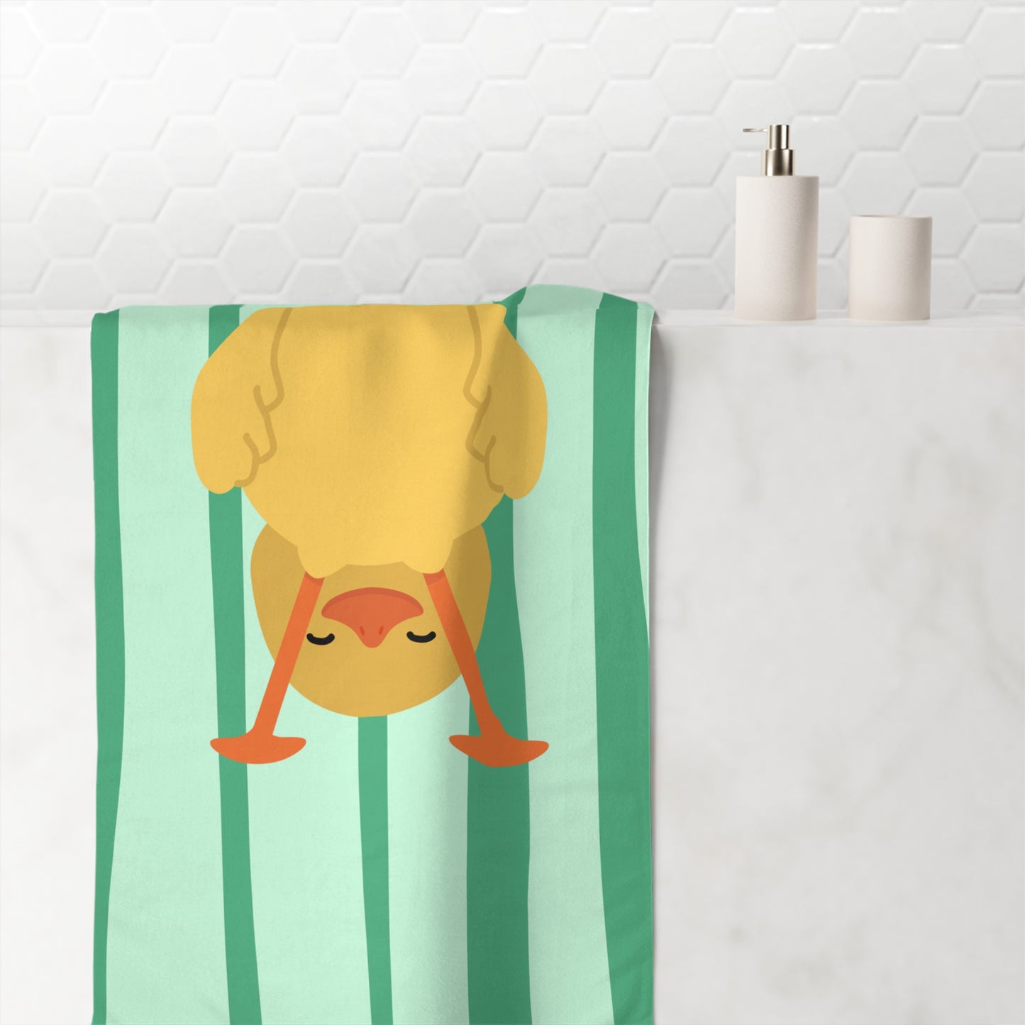 Funny towel featuring flipped duck on striped green background – bold college-inspired bath accessory